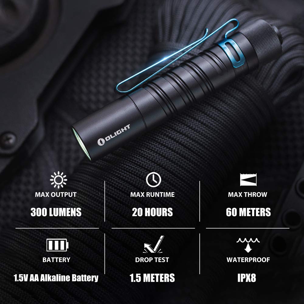 OLIGHT I5T EOS 300 Lumens Slim EDC Flashlight Dual-Output for Camping and Hiking, Tail Switch Flashlight with Beam Distance 196f