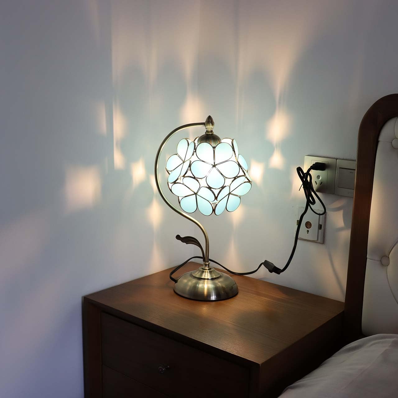 Bieye Tiffany Style Stained Glass Table Lamp - 8in Cherry Blossom, Sky Blue, Model PETALTABLE