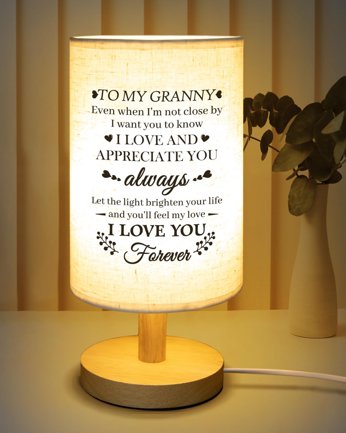 Calibron Gifts for Granny from Grandkids, Granny Birthday Gifts Fabric Lamp, Birthday Gifts for Granny Table Lamp with Wooden St