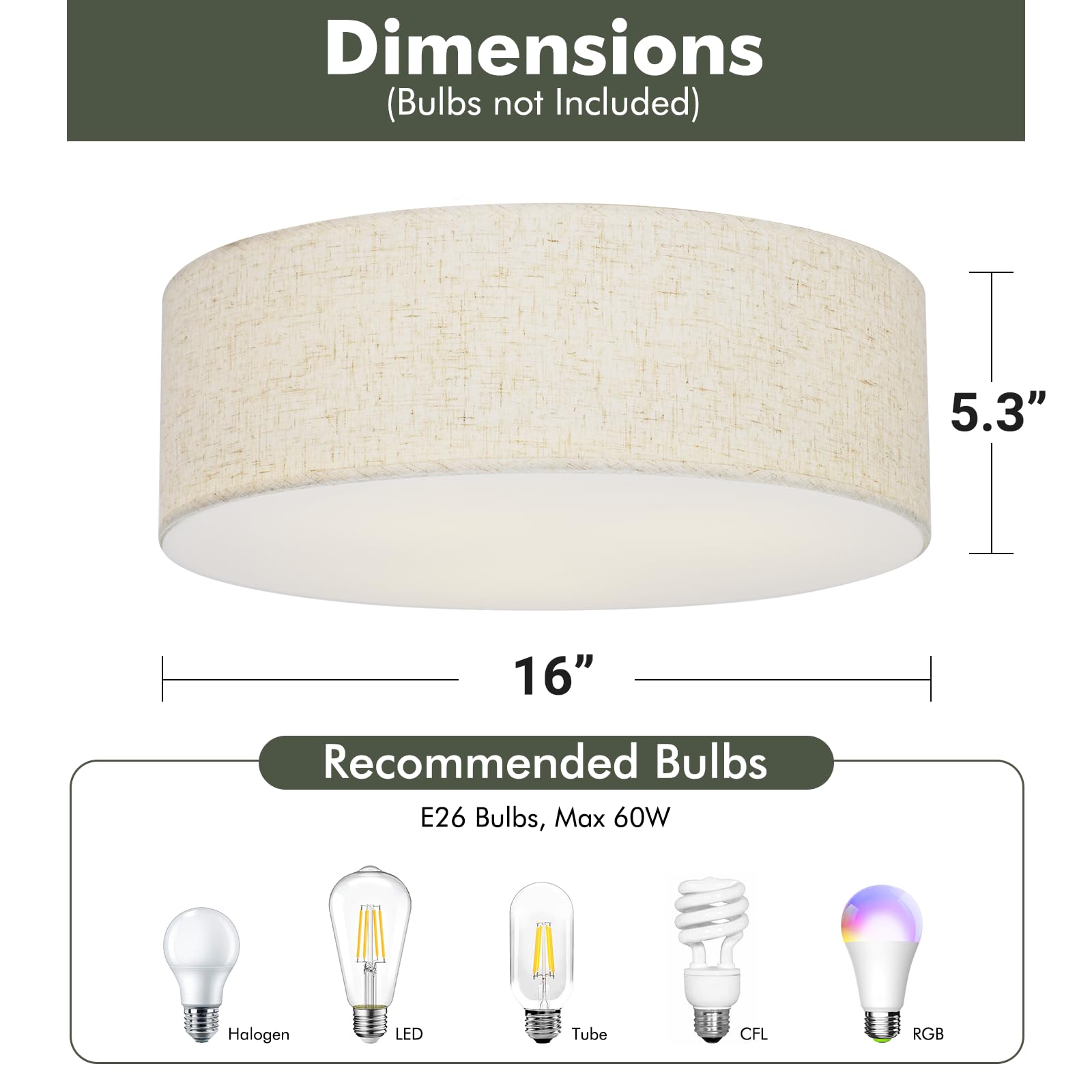 Vexagyle Flush Mount Ceiling Light,16''Modern Close To Ceiling Lamp With Double Linen Fabric Shade,3 Light Semi Flush Mount Ceil