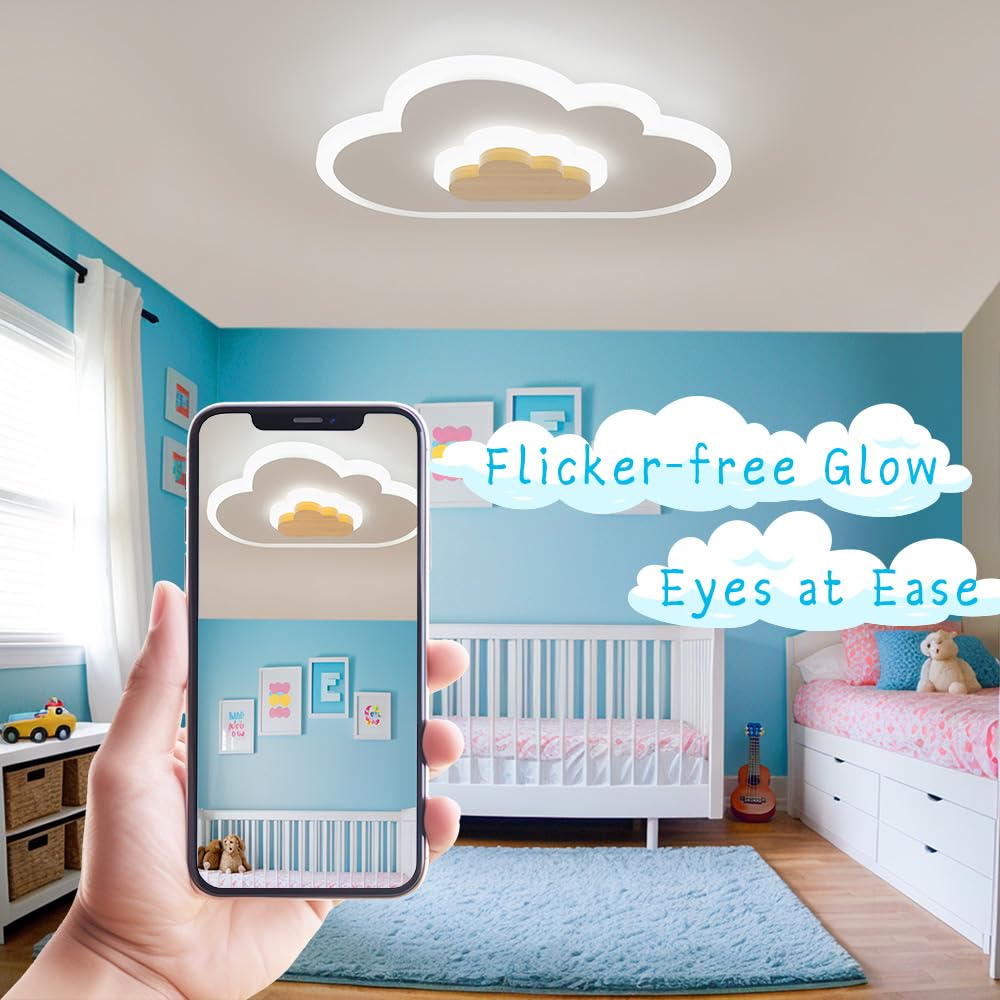 Led Ceiling Light 26W Wood Cloud Cartoon Kids Ceiling Light 23.62In Kids Room Light Fixtures Ceiling Mount 3000-6500K With Night