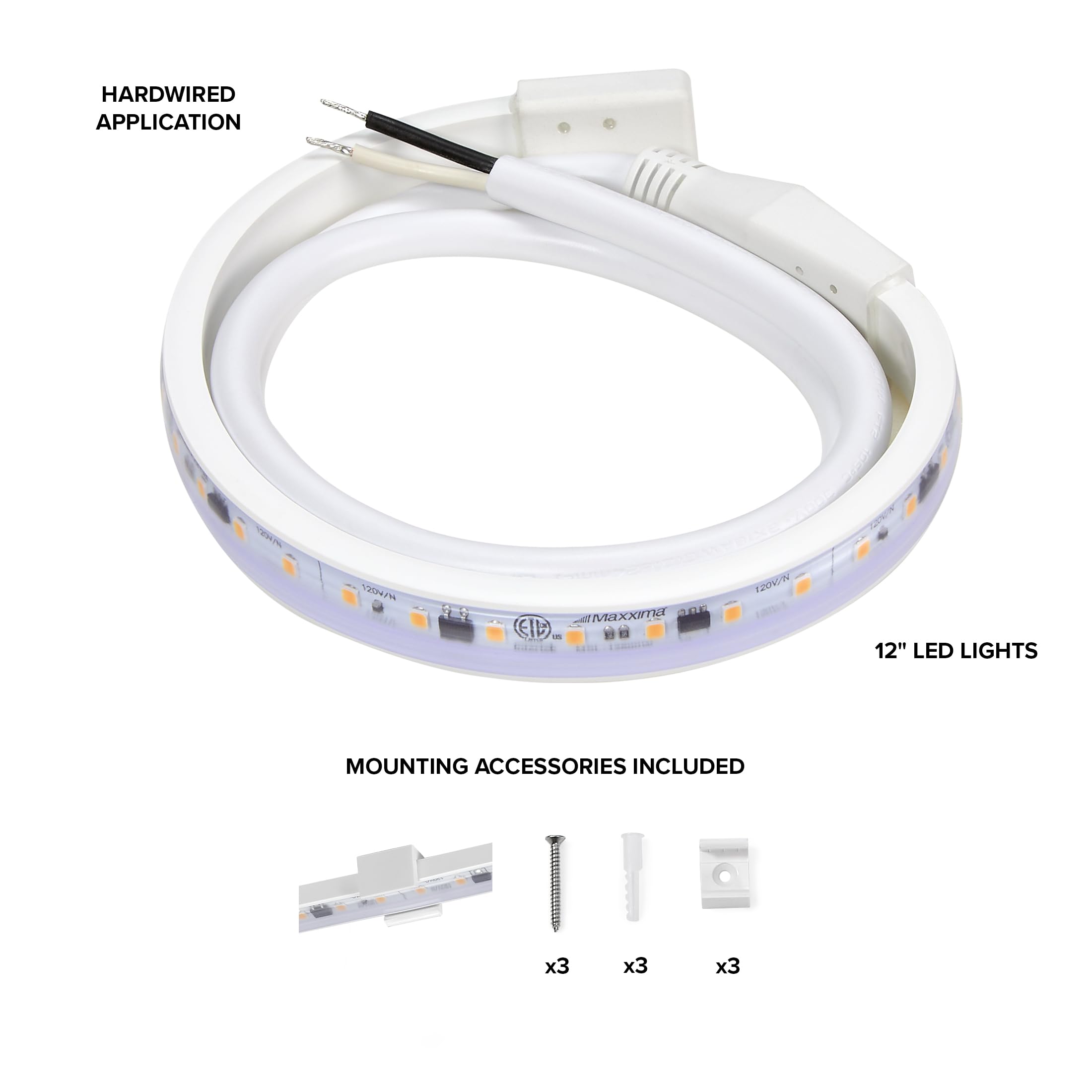 Maxxima 12 In. Hardwired Led Under Cabinet Strip Light, 460 Lumens, 3000K Warm White, Kitchen And Living Room 120V White Cove Li