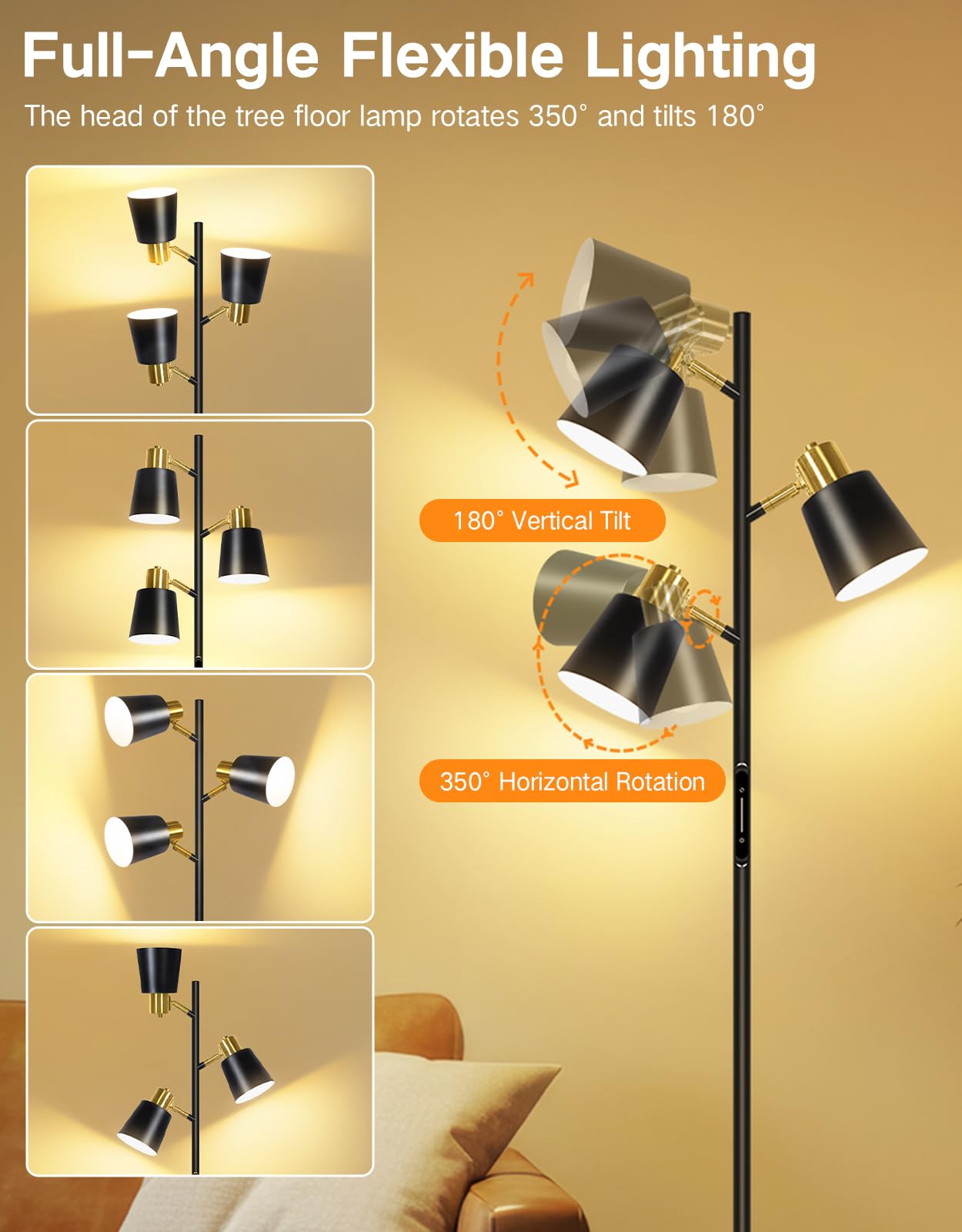 OUTON LED Tree Floor Lamp - Modern Dimmable Standing Lamp with Remote, 4 Color Temps, 3 Rotatable Lights, Black & Gold