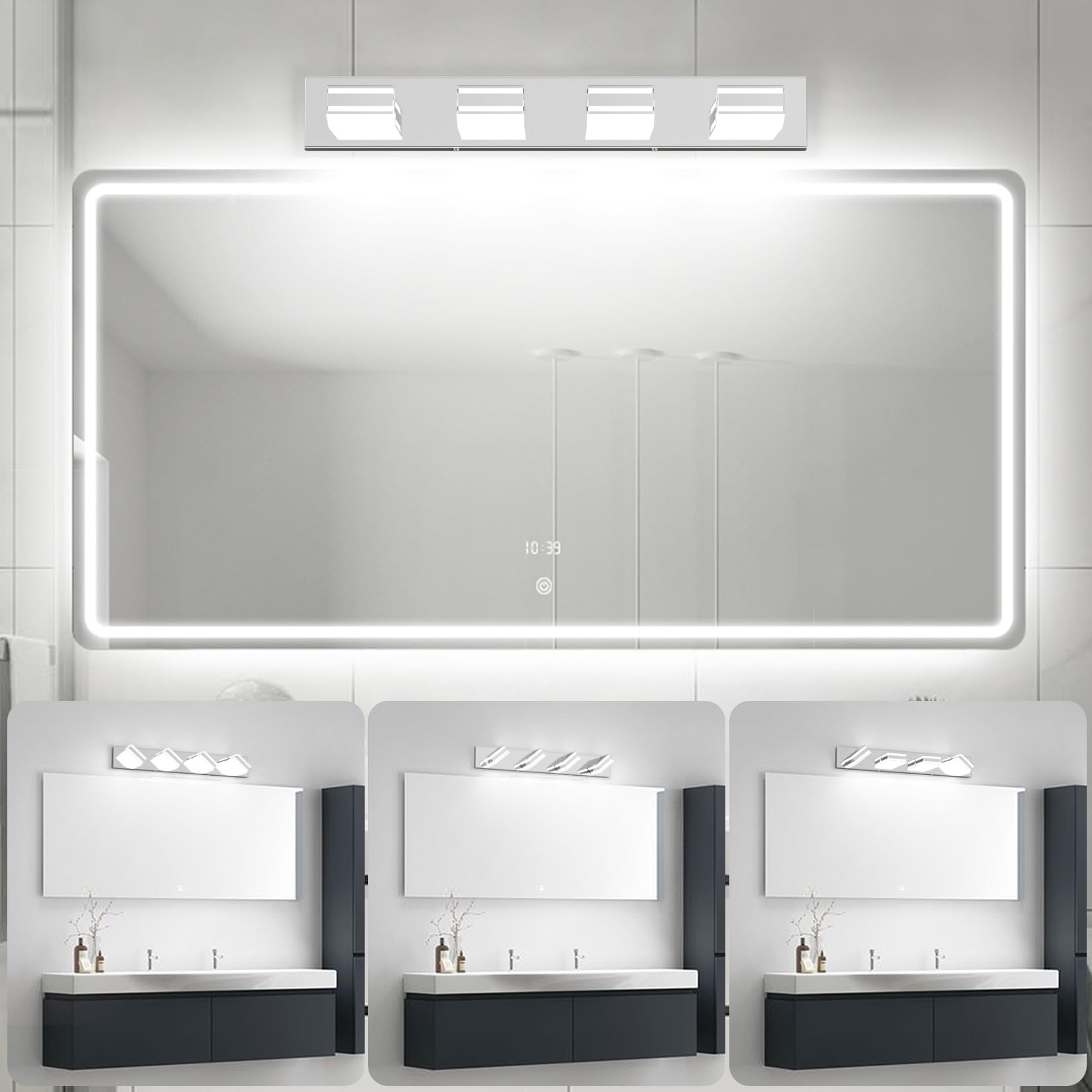 Ralbay 4-Light Bathroom Vanity Light, 30inch, Chrome Stainless Steel, Model 9819, Acrylic Wall Lighting Fixtures Over Mirror