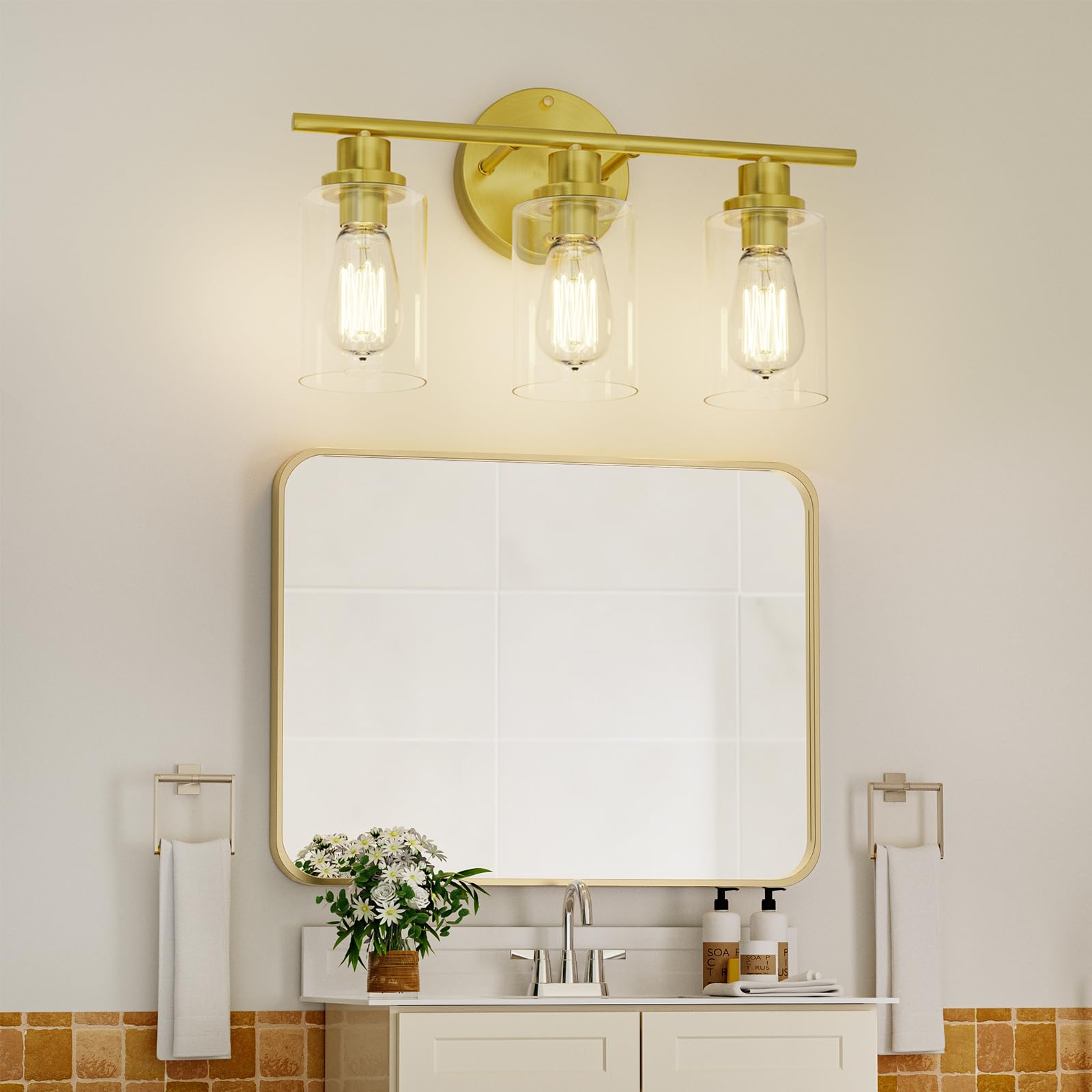 GORDNWE 3-Light Vanity Light Fixtures, Brushed Gold, E26 Bulb Base, Metal, Farmhouse Style, Model J0020