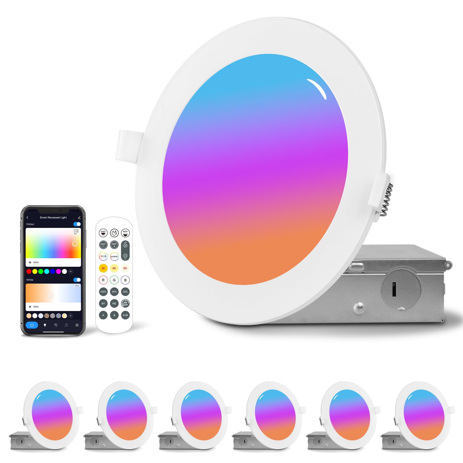 Dcvoltfield Smart LED Downlight 6-Inch, RGB Color Changing, 12W 1200lm, Wi-Fi & Bluetooth, Works with Tuya, Alexa & Google Assistant