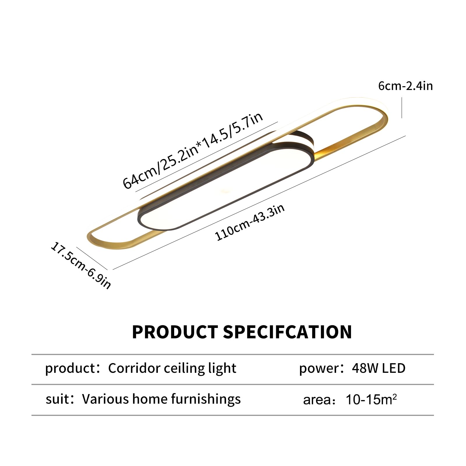 Qcyuui LED Ceiling Light Fixture, Dimmable Acrylic Lamp, 43.3in Black and Gold for Kitchen, Dining Room, Hallway