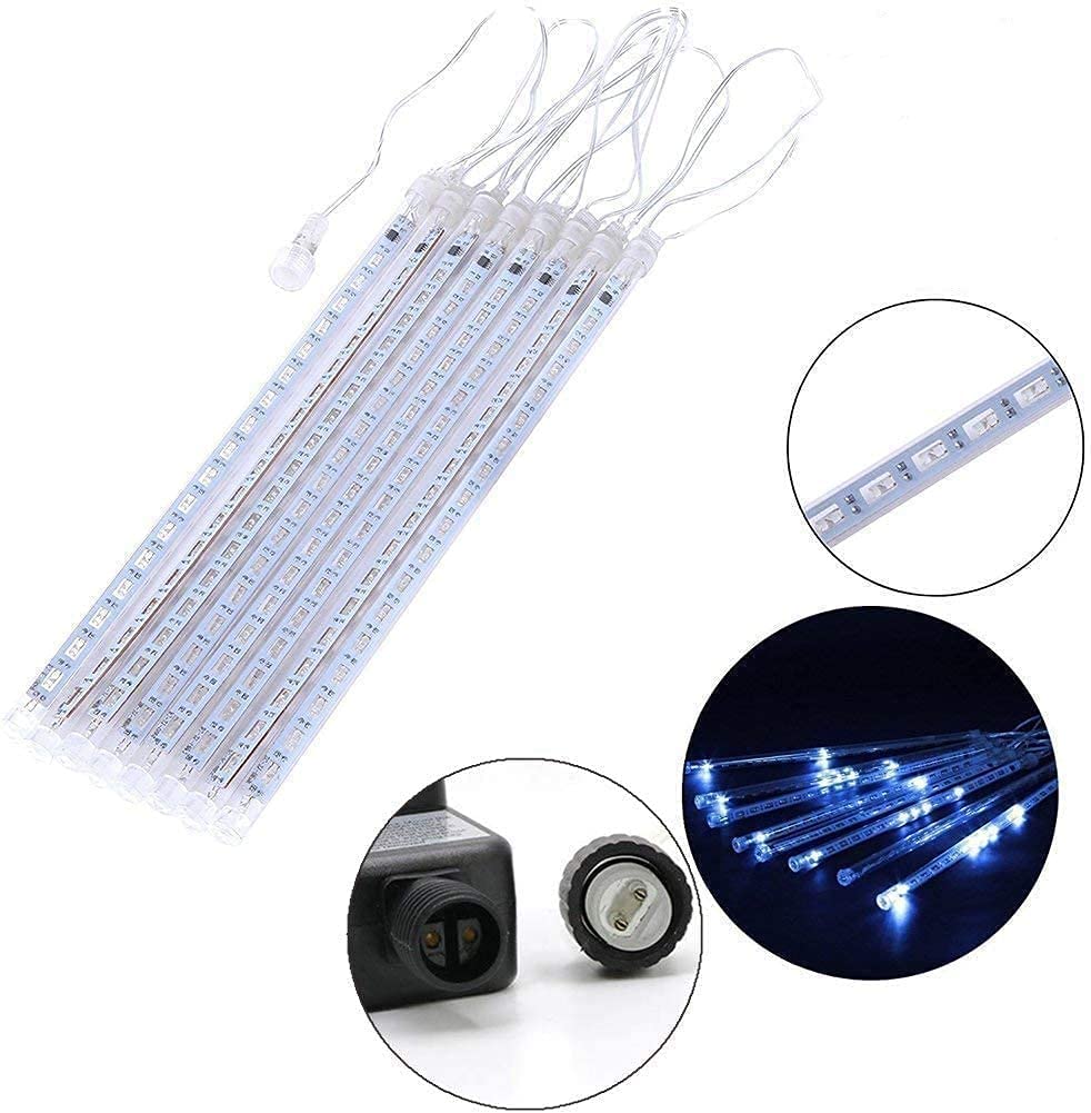 Kordain Outdoor Christmas Lights, 12 Falling Rain Icicle Lights, 8 Tubes, 144 Led, Blue, Model Kordain-02, 26.9Ft, Copper