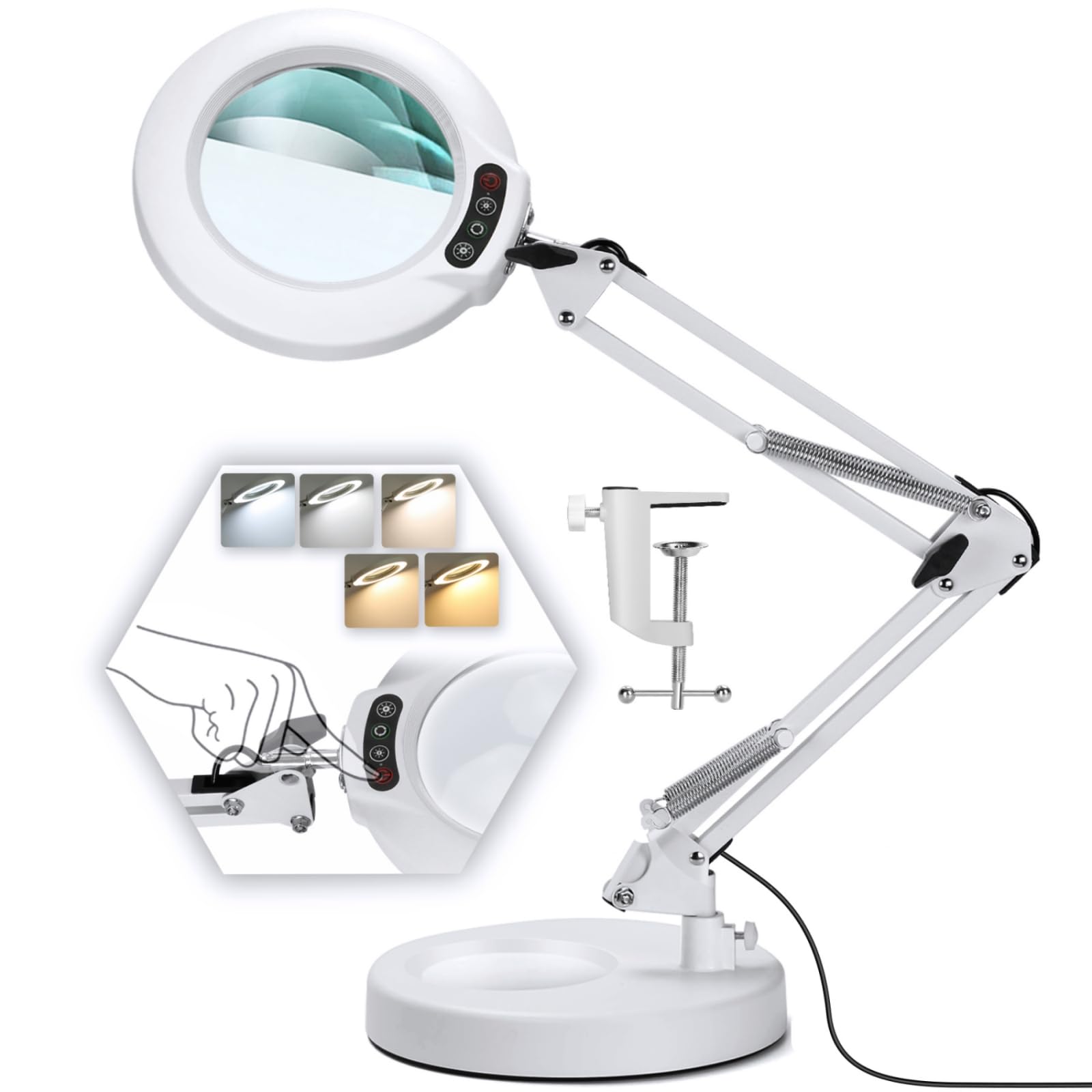 10X Magnifying Glass with Light and Stand, 5 Color Modes Stepless Dimmable 2-in-1 Desk Lamp with Clamp, Hands Free LED Lighted M