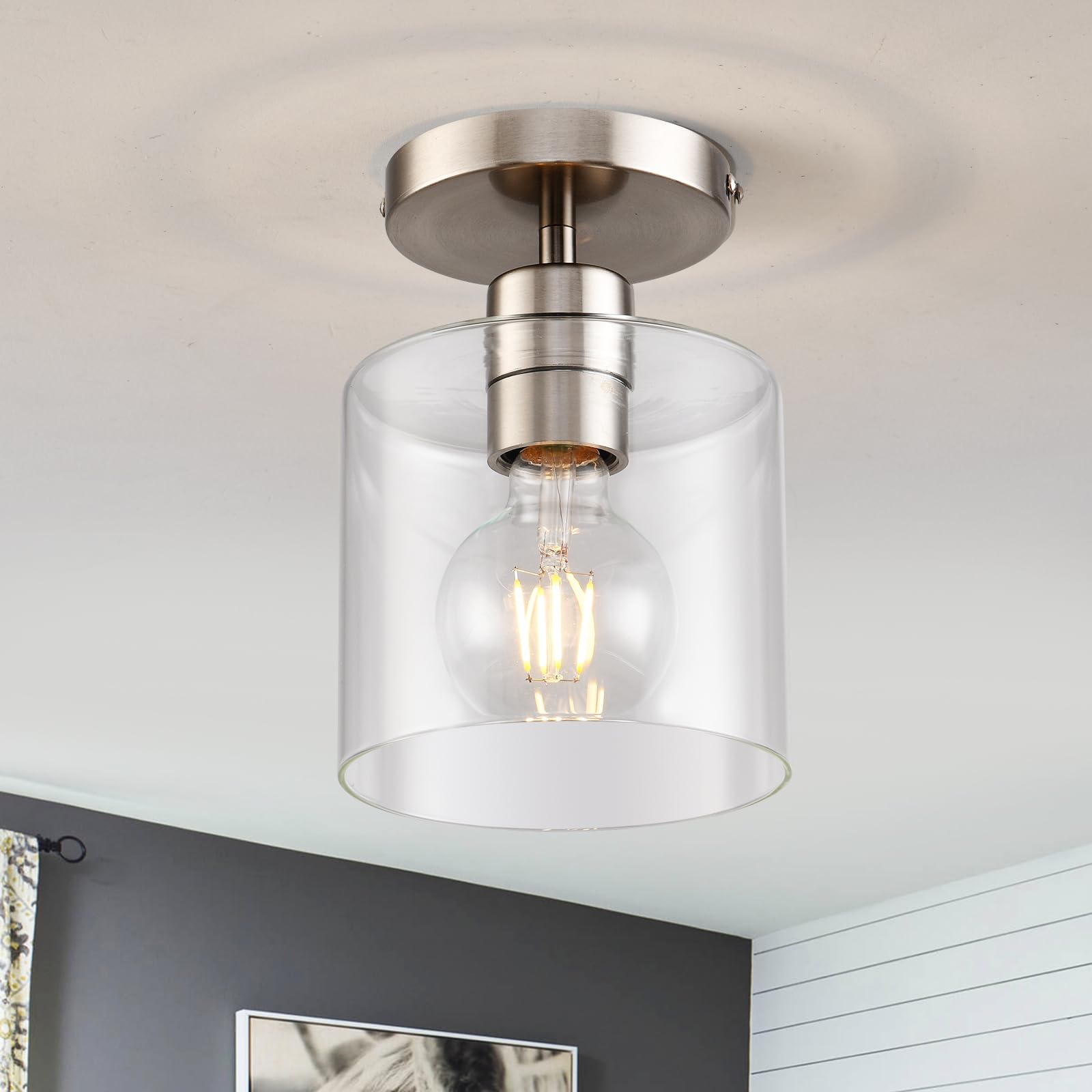 Klss Brushed Nickel Semi Flush Mount Ceiling Light,Modern Ceiling Light Fixture For Closet Hallway Entryway Fixture Brushed Nick