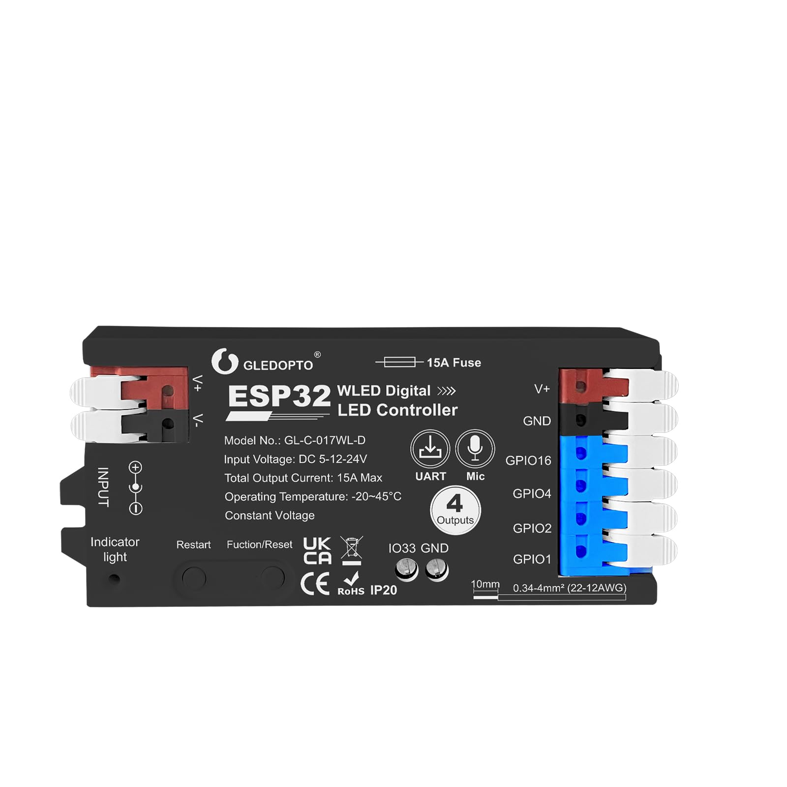 Esp32 Wled Led Strip Controller 4 Channel Outputs 15A Fuse Link Ti Level Shifter Uart Download Diy Dynamic Lighting Mode App Control For Digital Rgb Ic Ws2811 Ws2812 Ws2815 Sk6812 Etc