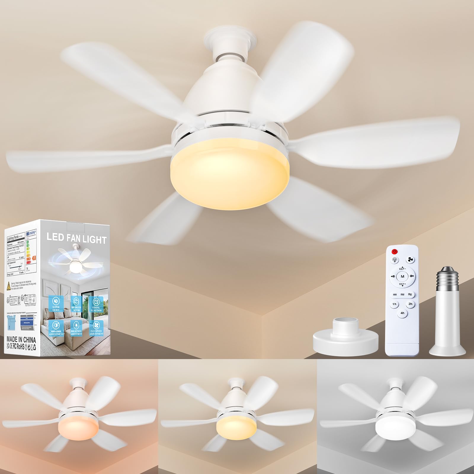Ealken Ceiling Fan Light with Remote, Dimmable LED, 1556 Lumens, 20 Inch, White, Model LEC017