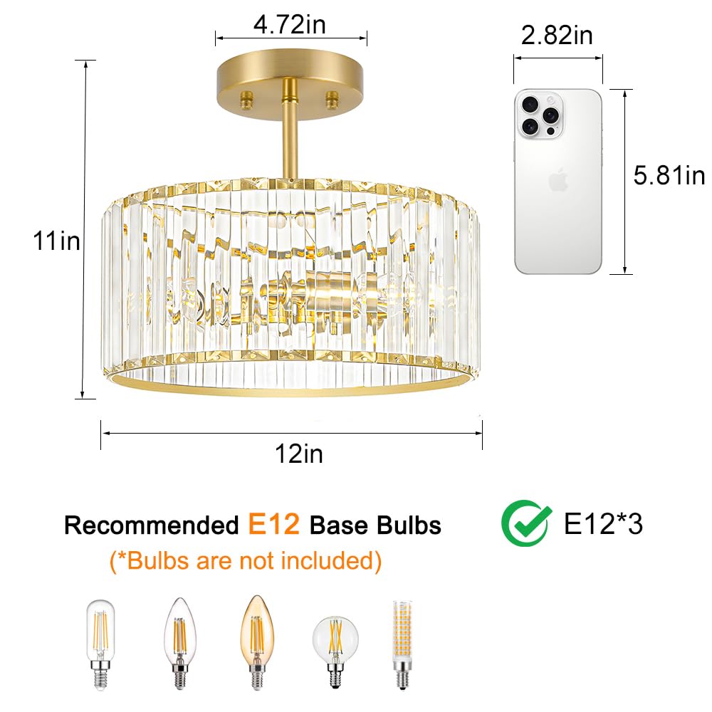 Lxybcce Modern Crystal Ceiling Light  Brushed Gold Semi Flush Mount Ceiling Lighting Fixture  Brass Hallway Light Fixtures Chandelier For Kitchen  Bedroom Dining Room Hallway Closet  3-Light  12 Inch