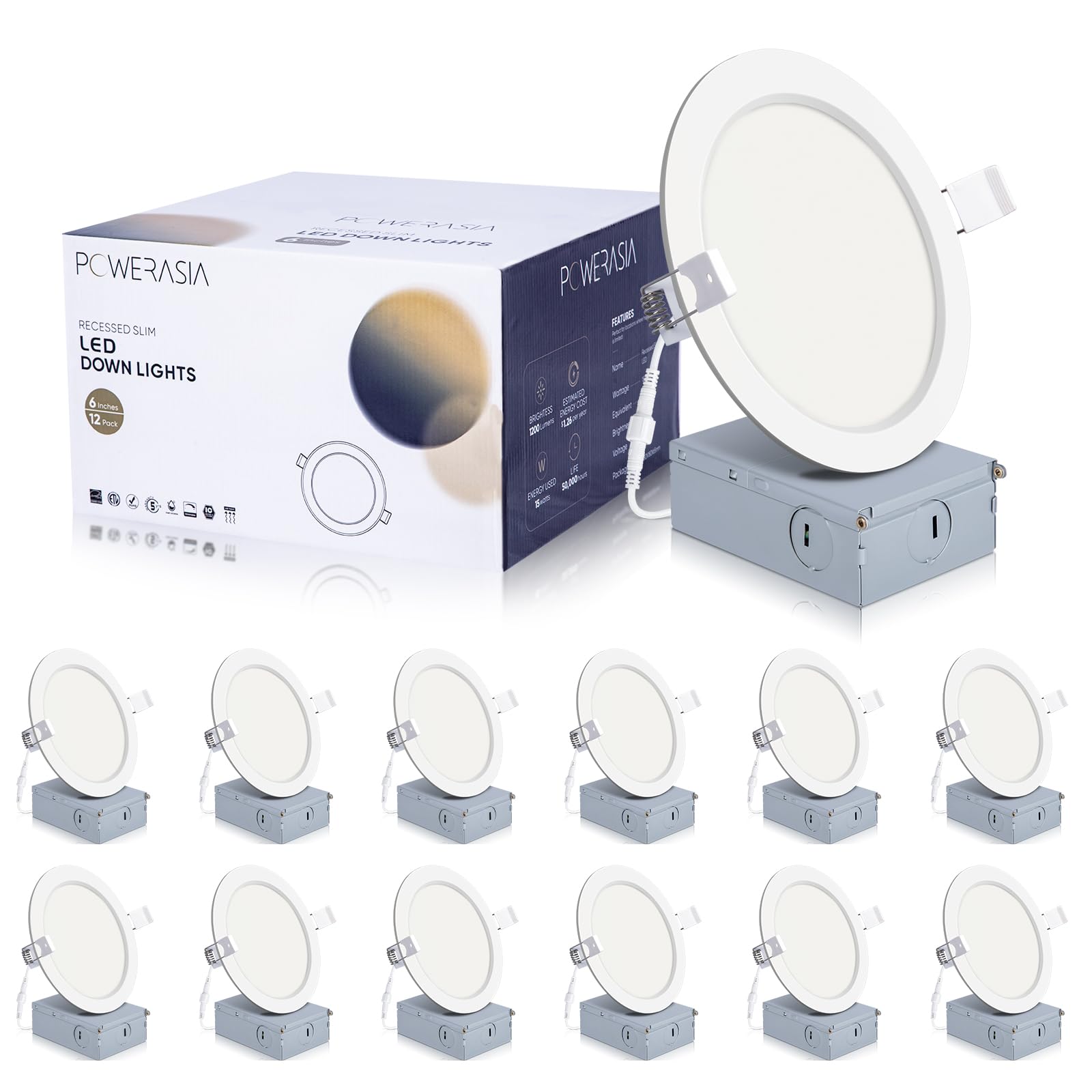 Powerasia 12 Pack 6 '' Ultra-Thin Led Recessed Ceiling Light With Junction Box,Recessed Lighting 6 '' 6000K Dimmable Clear White
