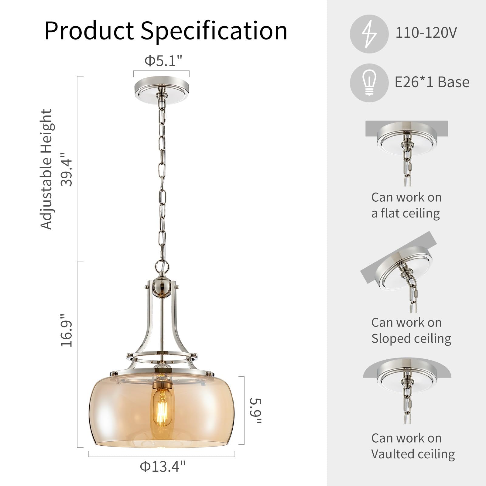 WUZUPS Nickel Chandelier Pendant Light, Amber Glass Shade, H 17" W 13.4", Industrial Rustic Design for Dining Room, Model USHD9607AR
