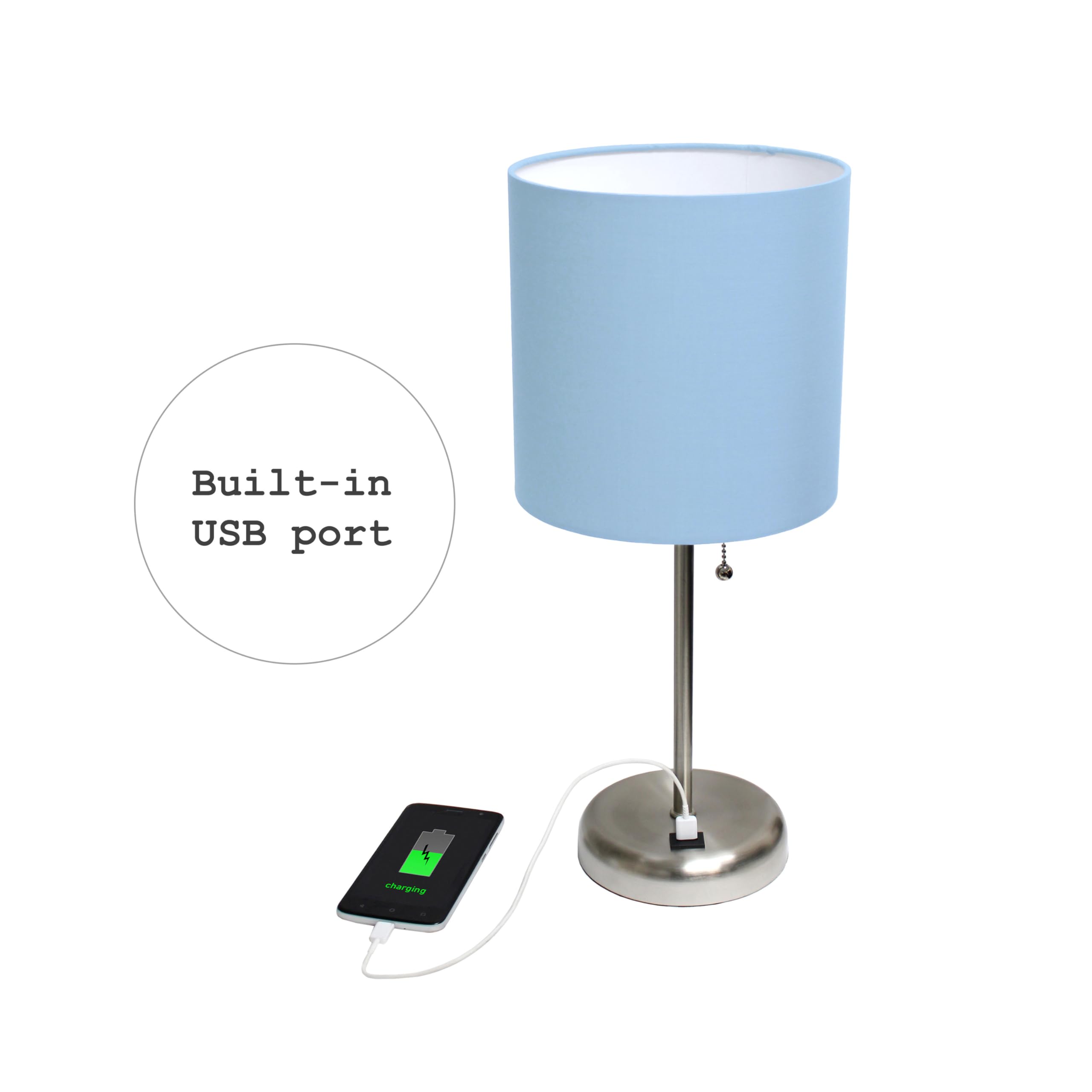 Simple Designs Lc2002-Blu-2Pk Brushed Steel Stick Table Lamp Set With Usb Charging Port And Blue Fabric Shades, 2 Pack Set