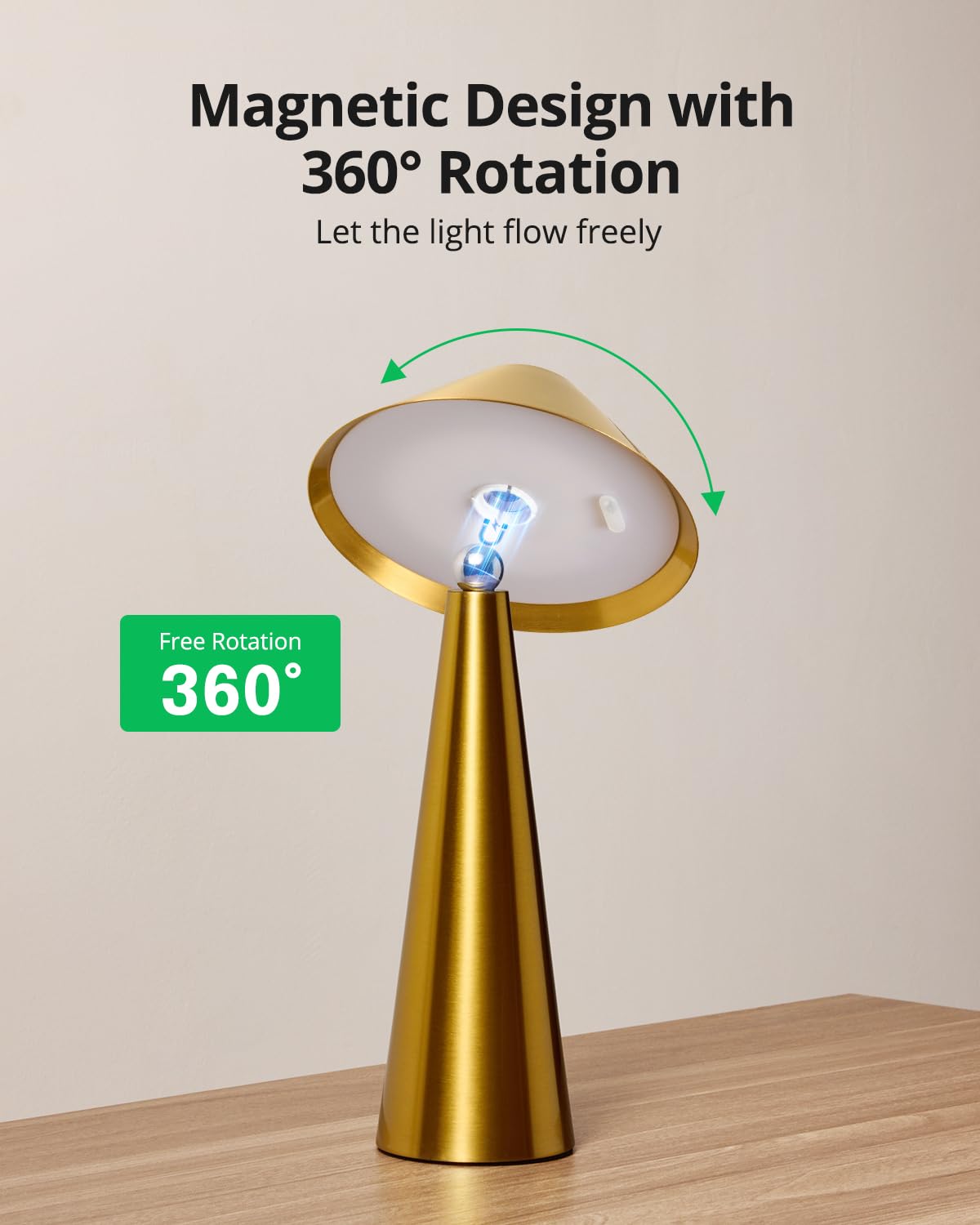 Bojim Gold Cordless Lamp, Portable Led Rechargeable Table Lamp, Magnetic Rotatable Shade & 3 Color Dimmable Light, Battery Lamp