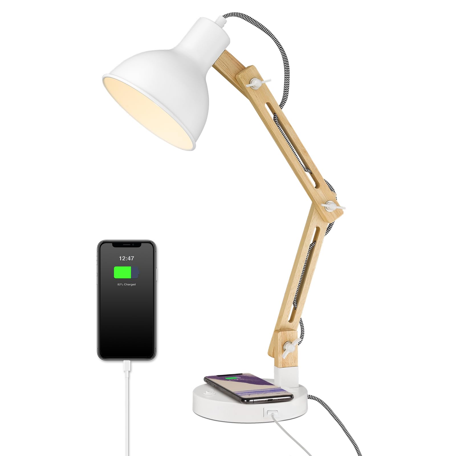 Elyona White Desk Lamp With Wireless Charger & Usb C, Solid Wood Swing Arm Light For Home & Office