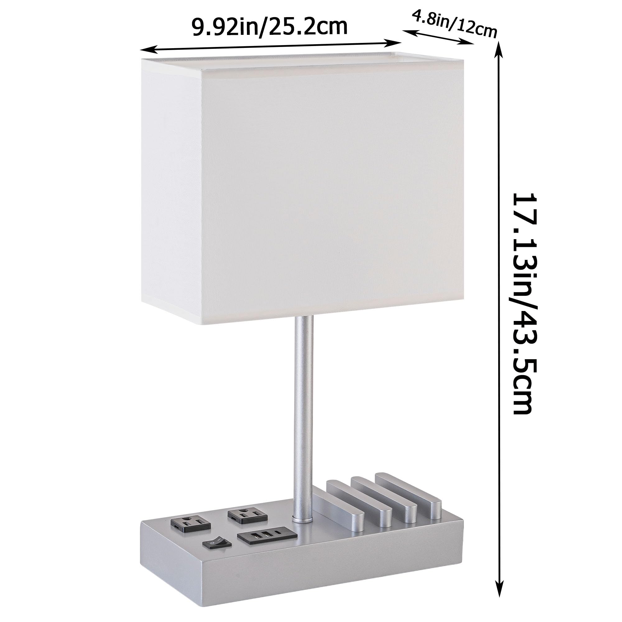 Dreamholder Bedside Table Lamp with 3 USB Ports, 2 AC Outlets, Silver Wood Base