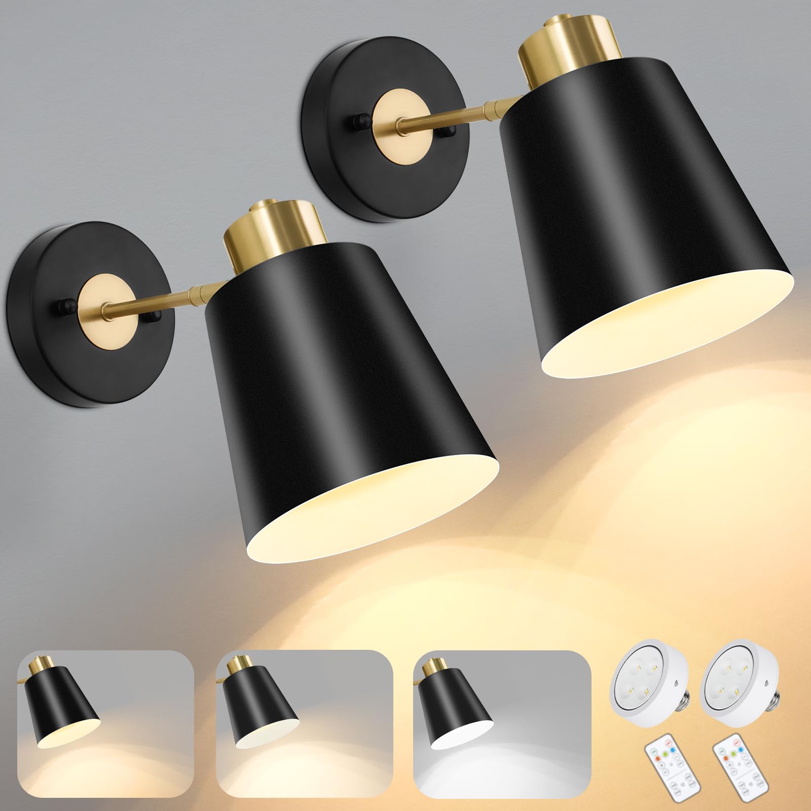 Odnora Battery Operated Wall Sconces Set Of 2, Wireless Wall Lights Dimmable With Remote Control, Indoor Sconce Wall Decor, Led Cordless Black Wall Mounted Lamps For Bedroom Living Room Hallway