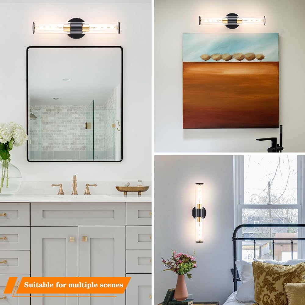 Black And Gold Bathroom Wall Sconces, Hardwired Sconce Wall Decor Set Of 2, Modern Wall Sconce With Clear Glass, Bathroom Sconce