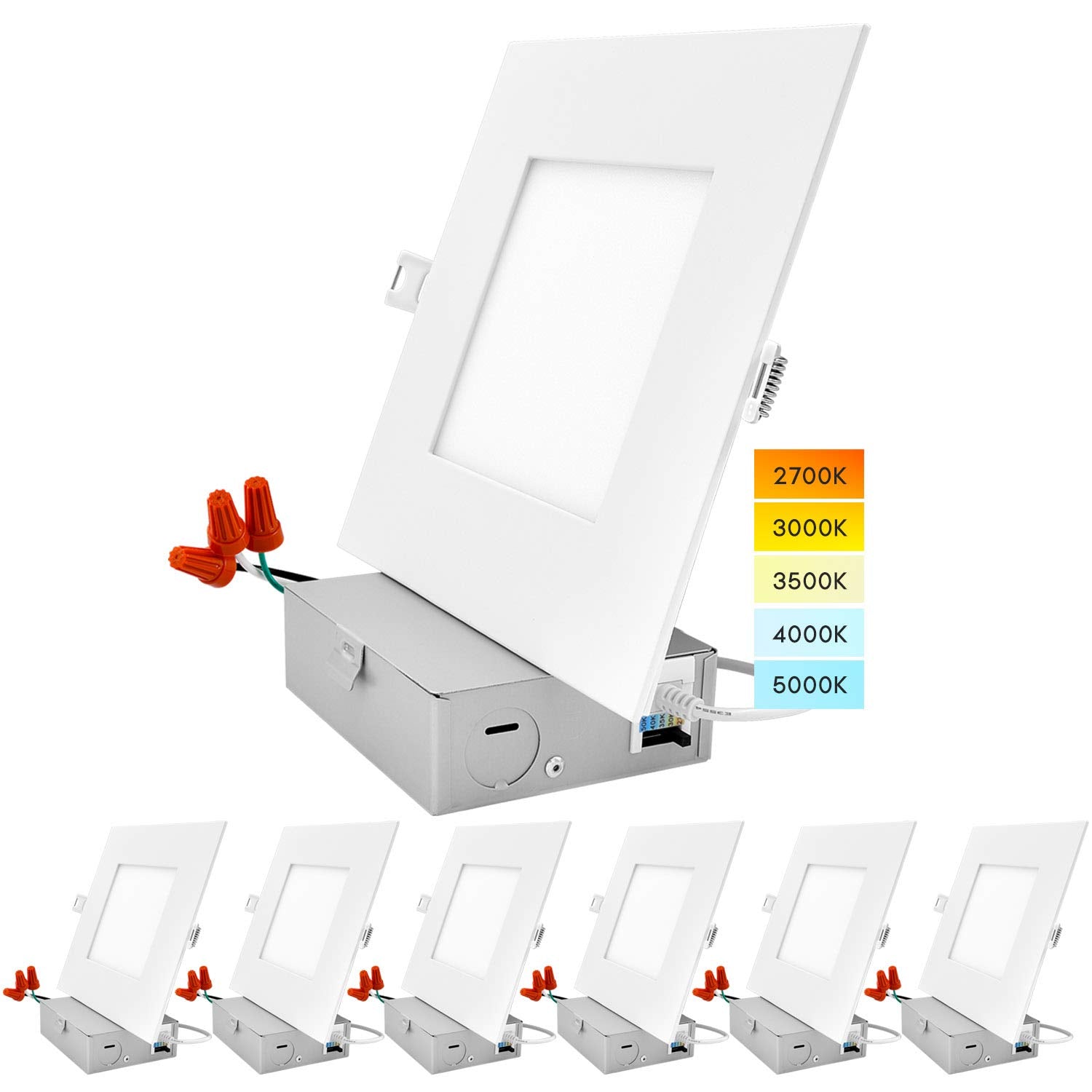 LUXRITE 6 Inch Ultra Thin Square LED Recessed Light, Dimmable, 12W, 1000 Lumens, IC & Wet Rated, 6 Pack, 5