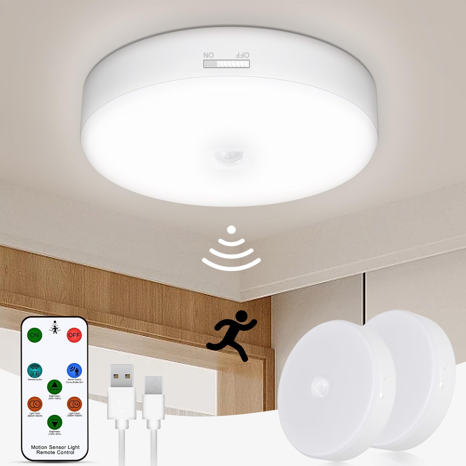 TOOWELL Battery Ceiling Light with Motion Sensor, Remote, 2 Pack, White, Rechargeable, Ideal for Closet, Bathroom, Laundry, Garage