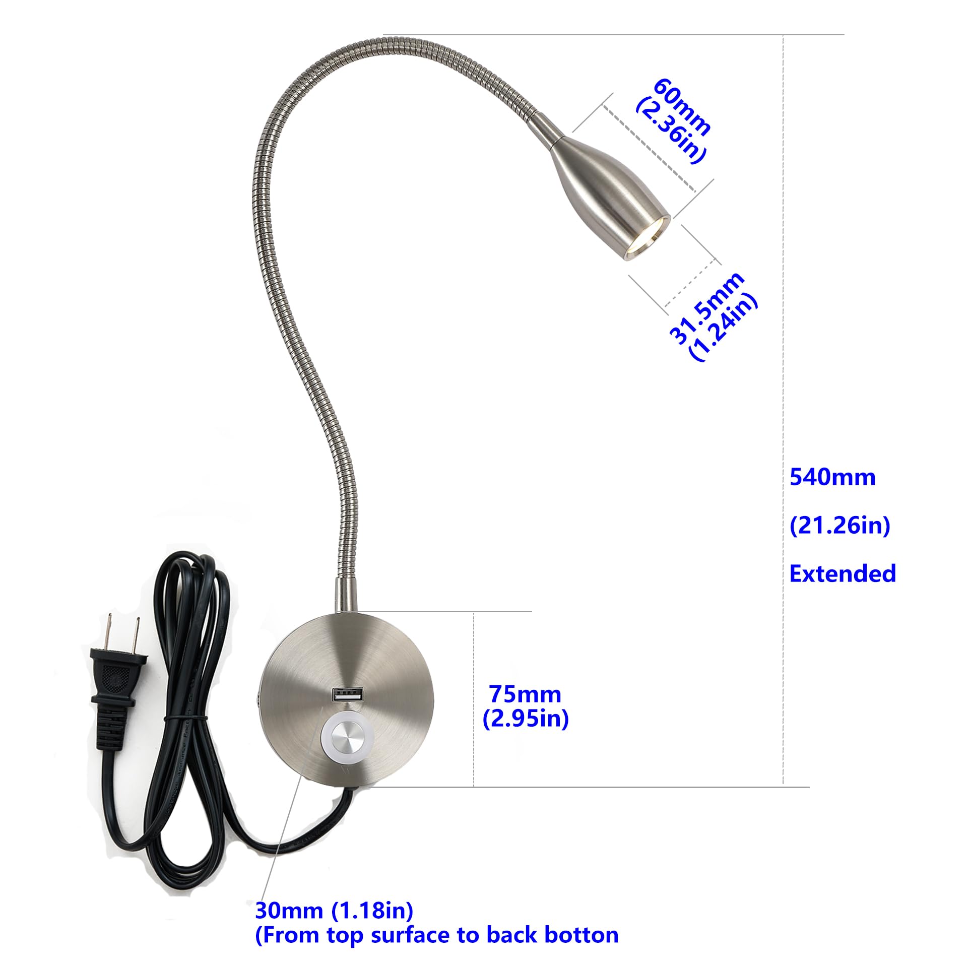 Crisetek Reading Light Wall Mounted Reading Light Headboard Touch Switch Dimmable Reading Lamp Task Directional Led Gooseneck Light Ac (120V) Powered 3W (Brushed Nickel, Warm White)