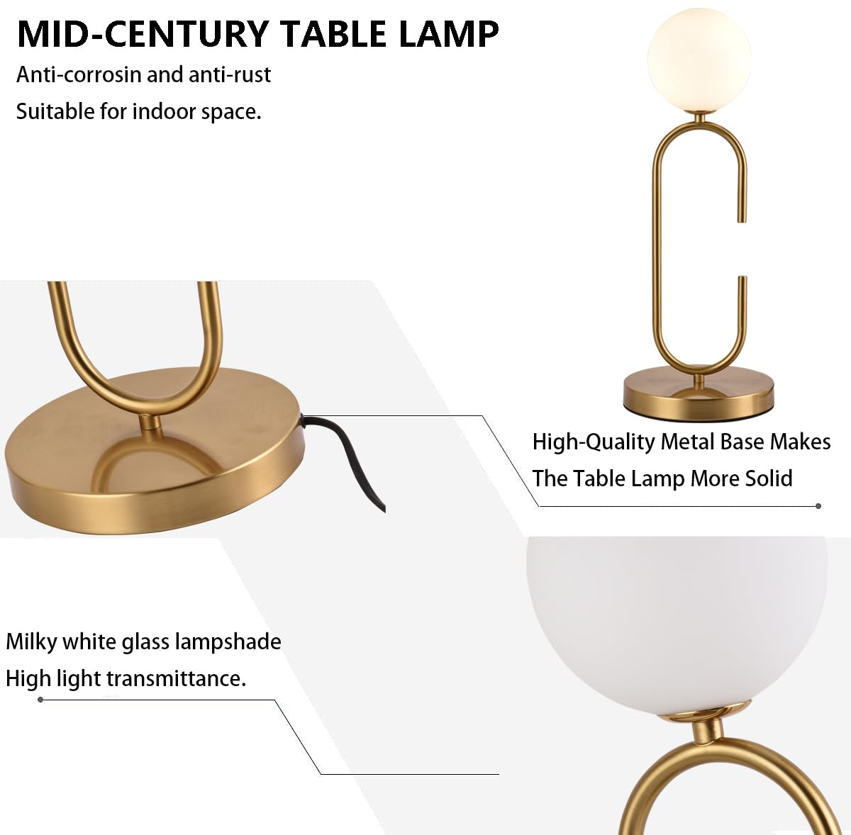 Amartiz Mid Century C-Shape Table Lamp Gold 2-Light Globe Dimmable Table Lamp With Milk White Glass Gold Nightstand Lamp For Bed