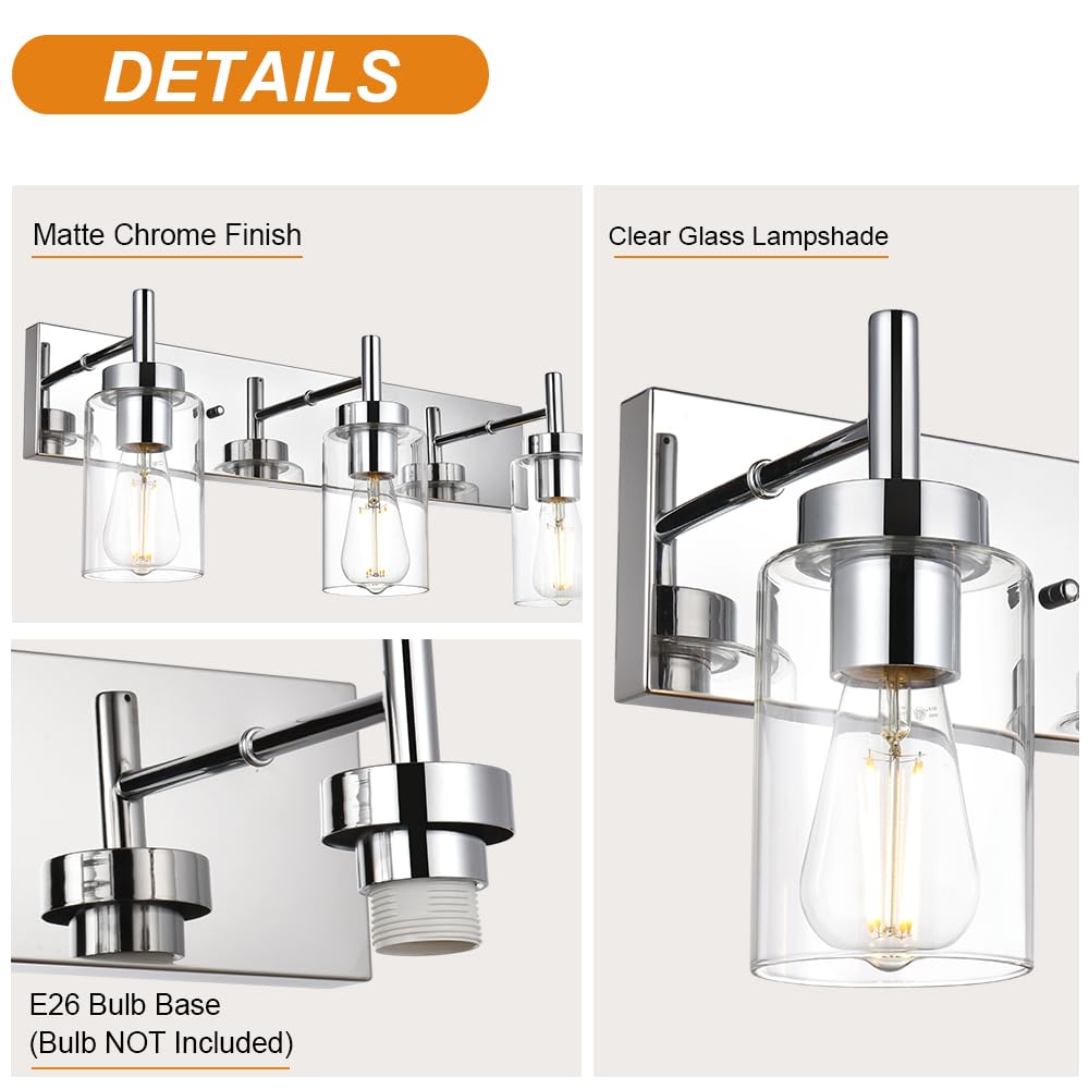 Vinluz Modern Bathroom Lighting With Clear Glass Shade 4-Light Vanity Light Fixtures Chrome Finished Industrial Wall Light Sconc