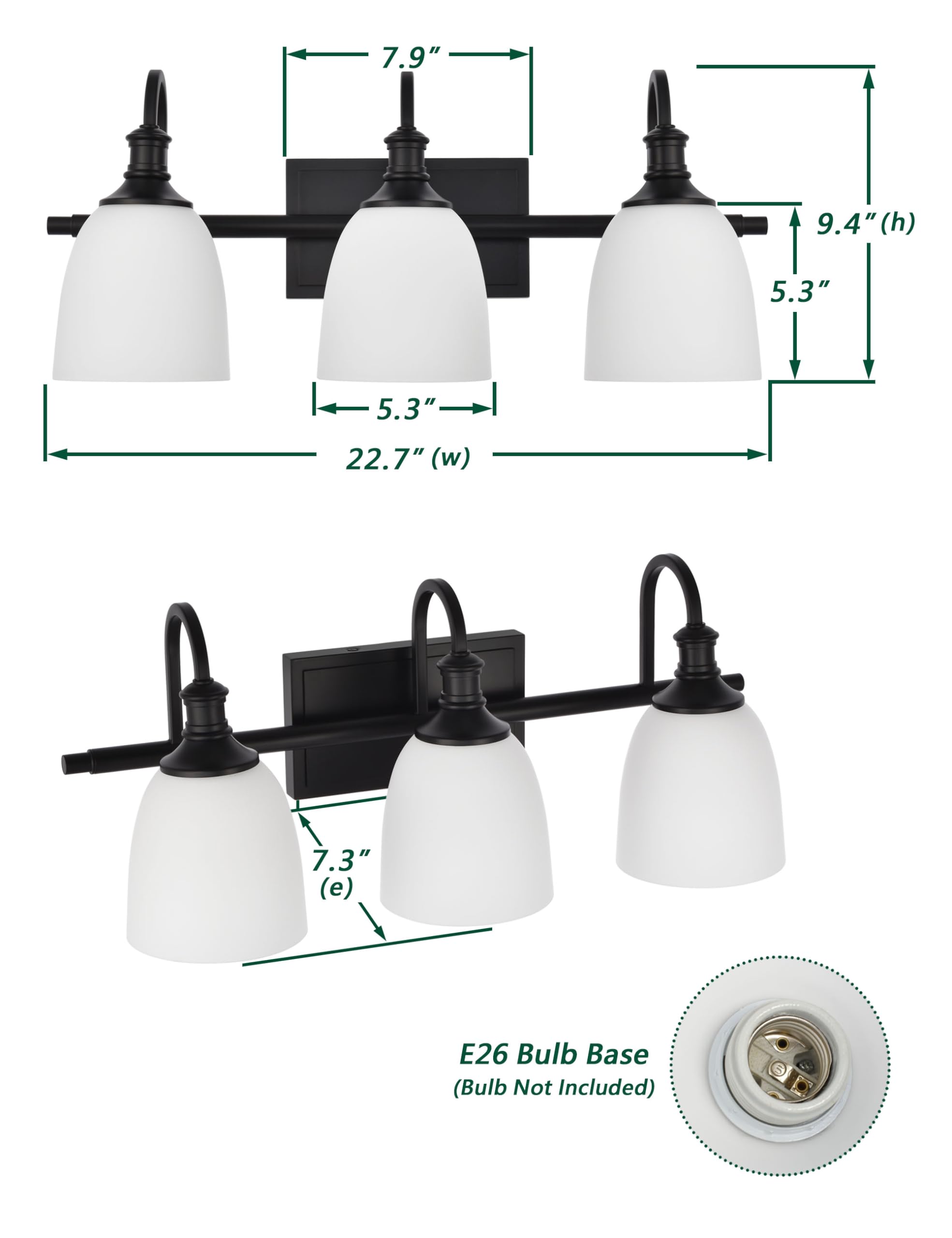 Hanaloa 3-Light Bathroom Vanity Light Fixture, Vintage Matte Black Wall Sconce with Opal Glass Shade, Model VA0049-3-MB