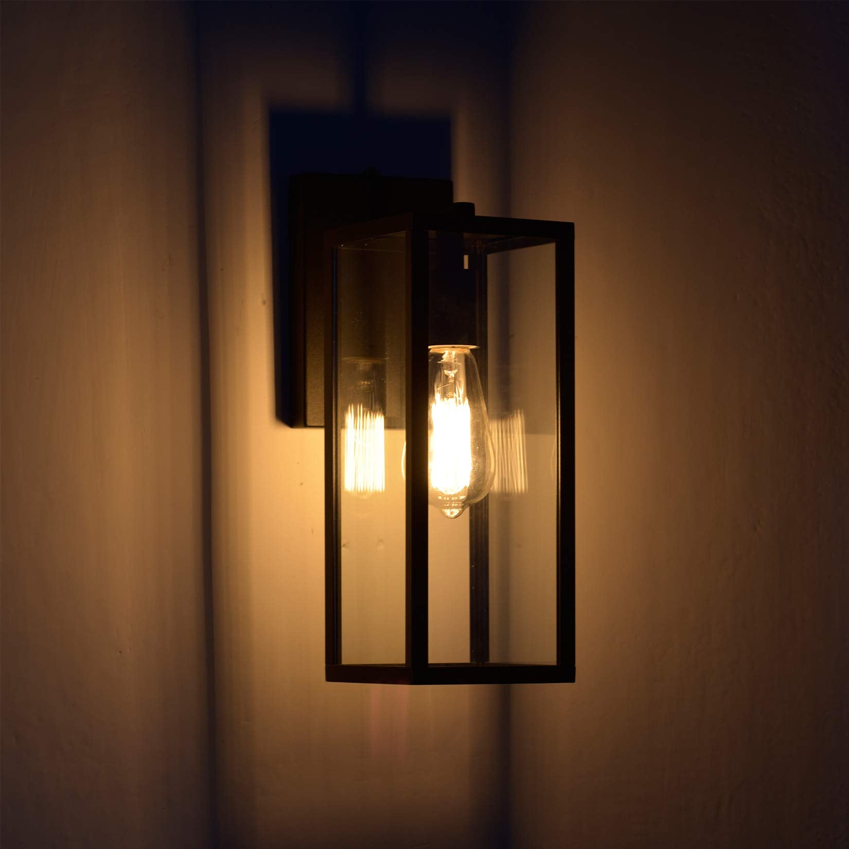 MICSIU Black Outdoor Wall Light Fixture, 2 Pack, Modern Clear Glass Sconce, E26 Base, 13.75 Inch, Metal, Model 20001