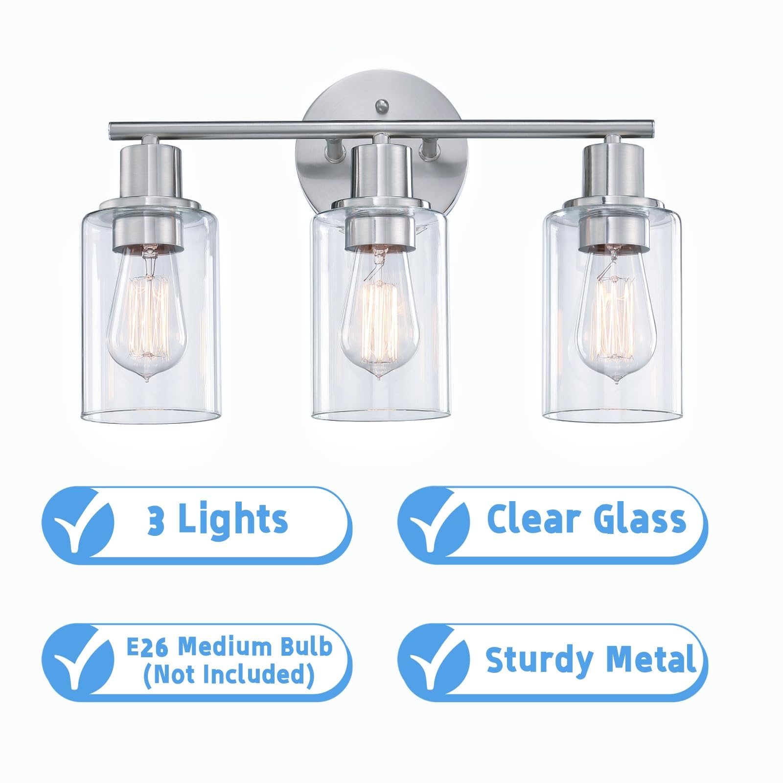 Wisbeam 3-Light Brushed Nickel Bathroom Vanity Light With Clear Glass Shade, Bulb Not Included