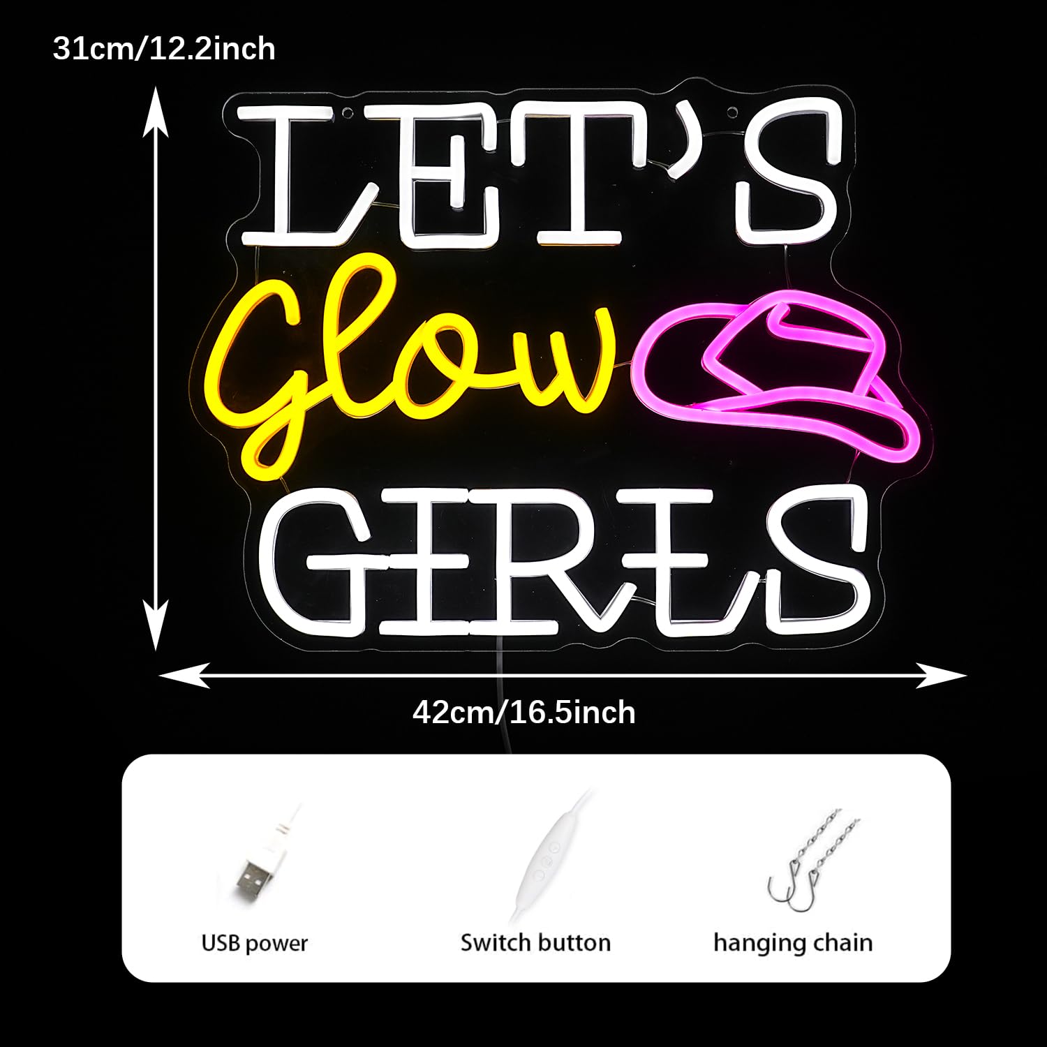GNVETZLL Neon Sign for Wall Decor, Dimmable LED Cowboy Hat Light, 16.5in x 12.2in, White Yellow Pink, Girls Room Bedroom Party Wedding Gifts