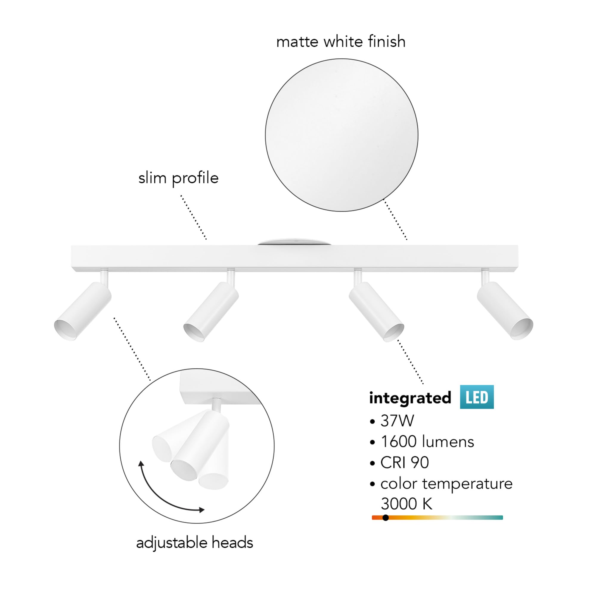 Globe Electric 64000120 28'' 4-Light Led Integrated Track Lighting, Matte White, Pivoting Track Heads, 37 W, 1600 Lumens, 3000 K