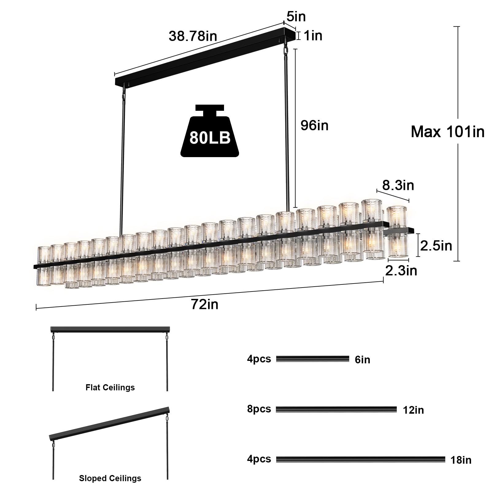 Plsintly Crystal Black Rectangular Chandelier Light Fixture,72 In Large Dining Room Chandelier Over Table,Modern Chandeliers For