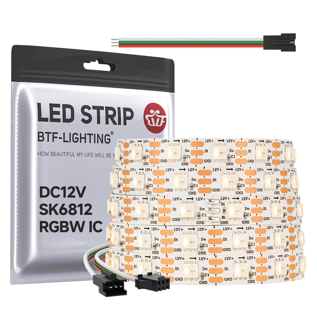 Btf-Lighting Sk6812(Similar Ws2812B) Rgbw Rgb+Warm White(3000K) Individually Addressable Dc12V 16.4Ft 60Led/Pixels/M 4 Colors In 1 Light Dream Color Led Strip Ip30 White Pcb(No Adapter Or Controller)