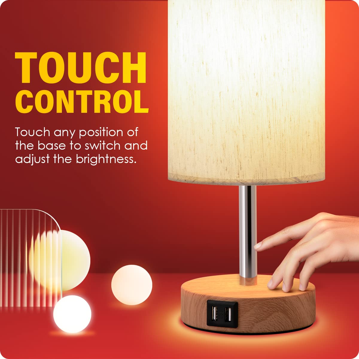 Yarra-Decor Touch Control Bedside Lamps Set of 2 - 3 Way Dimmable, Wood, Linen Shade, USB Port, Model TD001