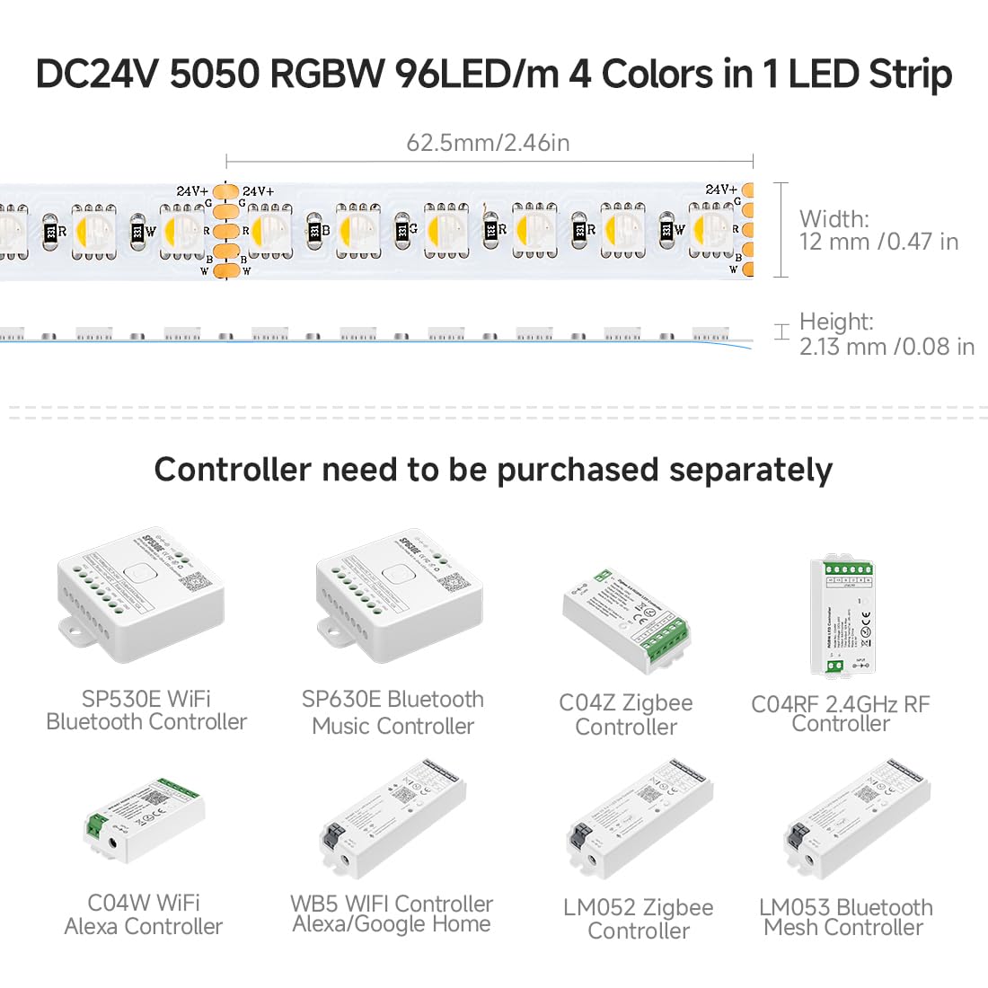 BTF-LIGHTING LED Tape Light 5m 5050 RGBW 96LED/m IP30 Non-Waterproof White PCB RGB+Warm White Model 24VRGBWW45M505