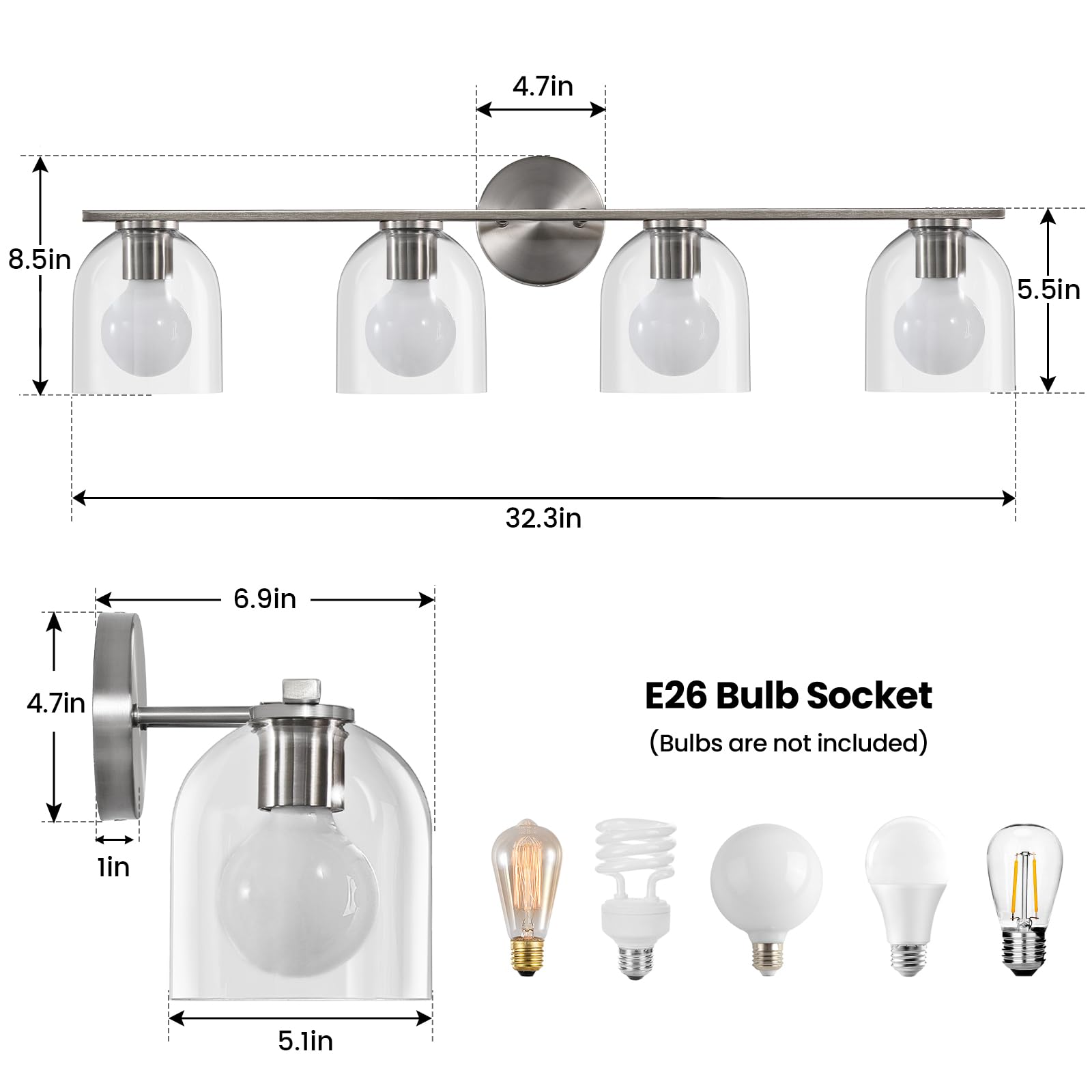 Woshitu Modern Brushed Nickel Bathroom Vanity Lights: 32.3 Inch Over Mirror, 4-Light Fixture With Clear Glass Shade
