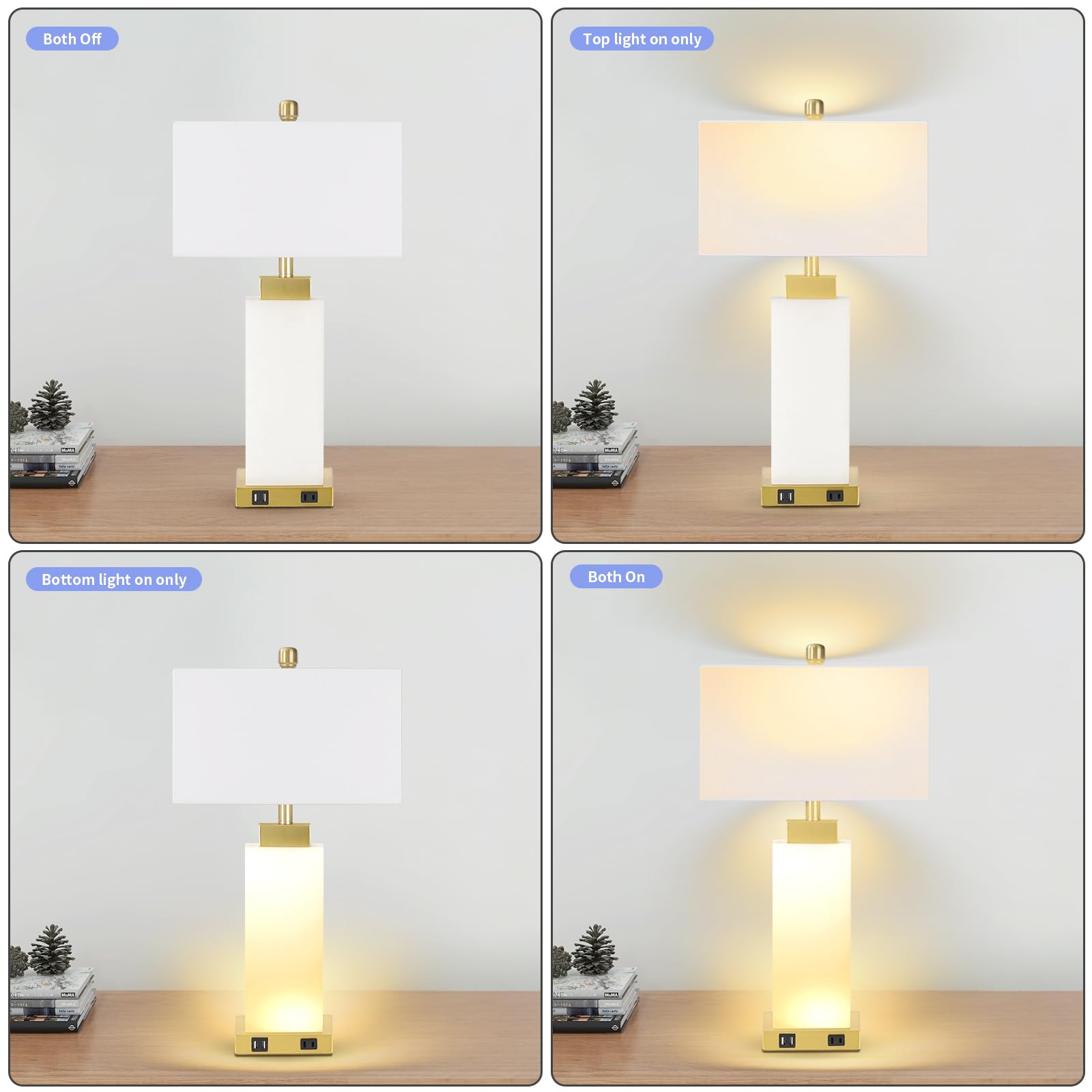 Velxee Table Lamps Set Of 2, 3 Way Dimmable Real Marble Modern Coastal Nightstand Bedside Lamps With 2 Usb Ports 1 Ac Outlet For