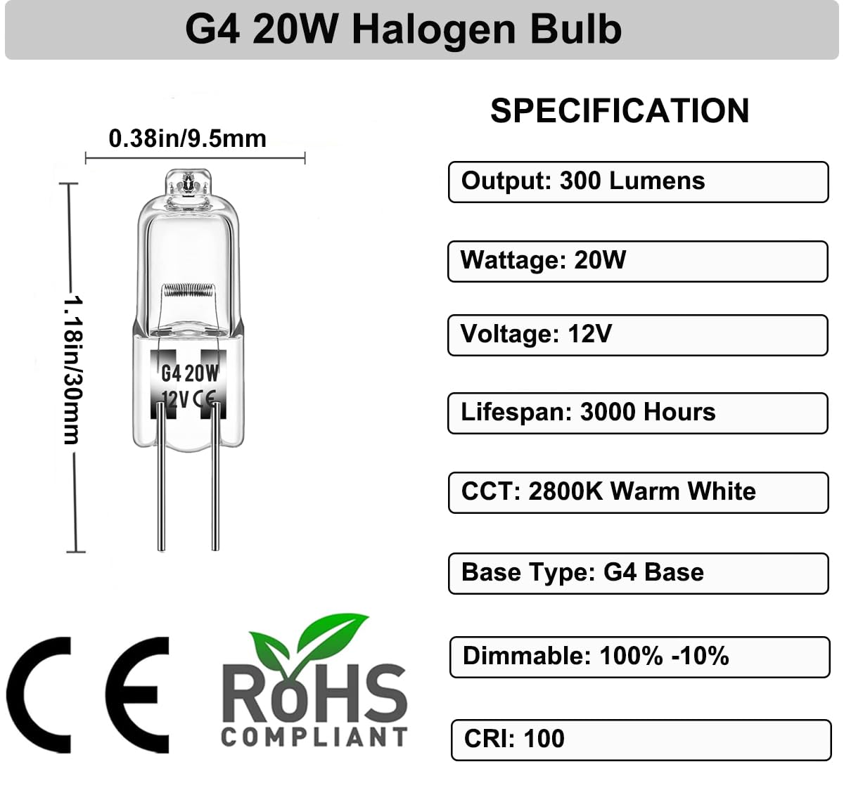 Vannise Halogen 20 Watt 12 Volt Light Bulbs 2 Pin G4 Base-10 Pack Long Lasting G4 Halogen Bulb 20W, High Output G4 Bulb Dimmable