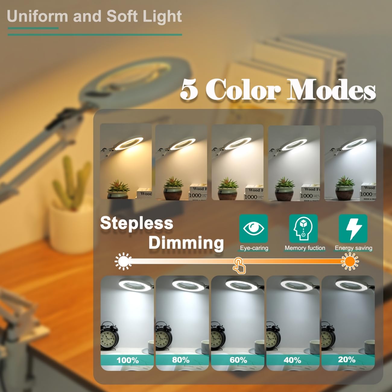 10X Magnifying Glass with Light and Stand, 5 Color Modes Stepless Dimmable 2-in-1 Desk Lamp with Clamp, Hands Free LED Lighted M