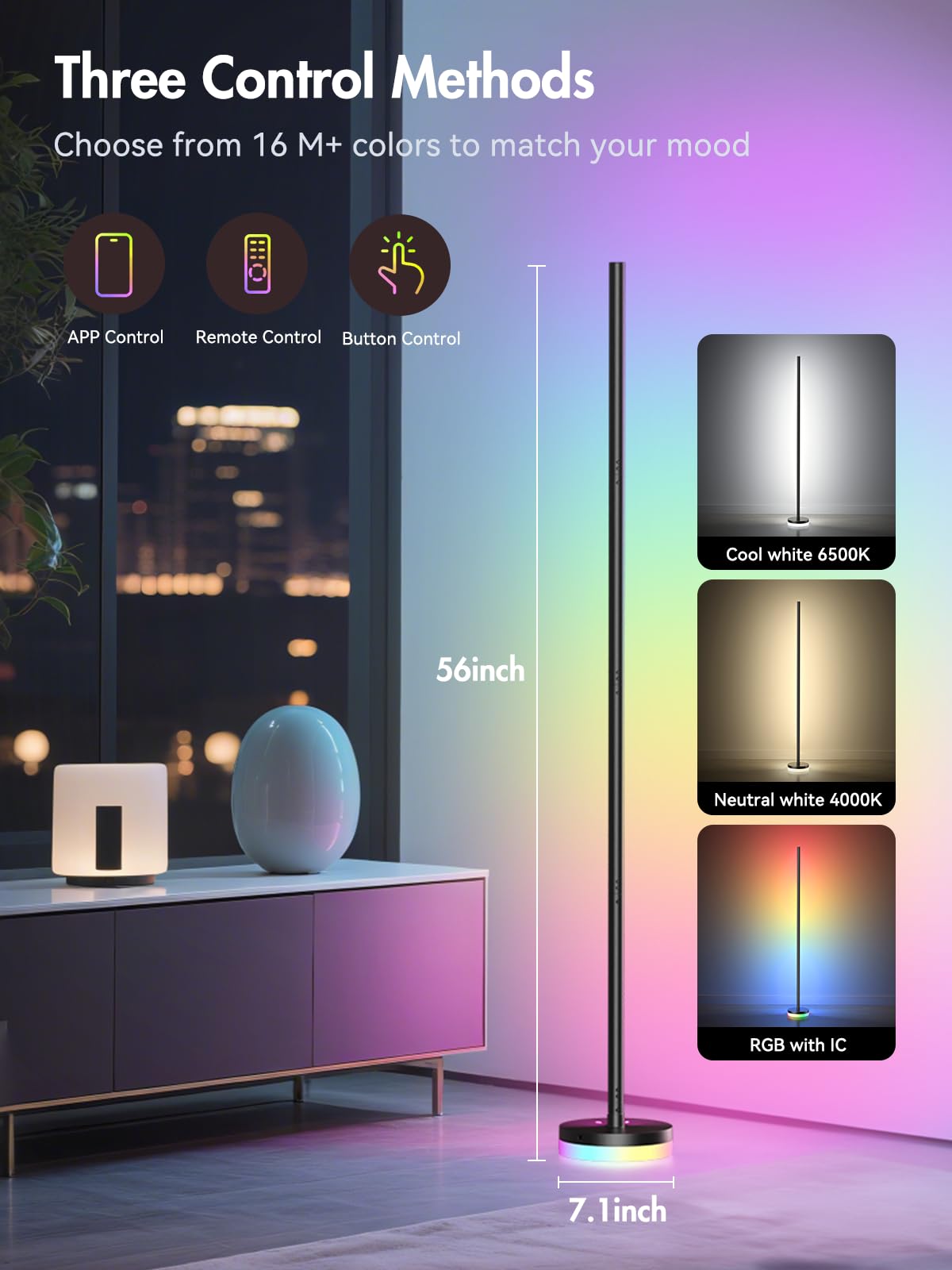 OIYN Corner Floor Lamp, RGBICW LED Corner Lamp with 1300lm Smart Modern Floor Lamp,App & Remote Control,Music Sync,Color Changin
