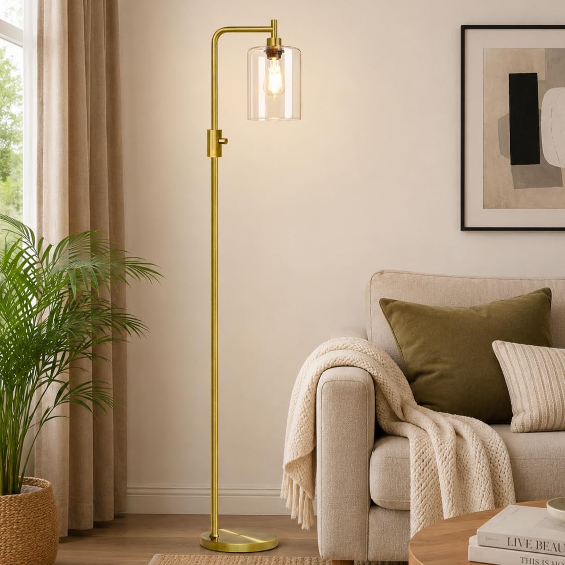 ?Upgraded?Dimmable Floor Lamp for Living Room with Clear Glass Lampshade, Brass Modern Floor Lamp with 900LM Edison Bulb Include