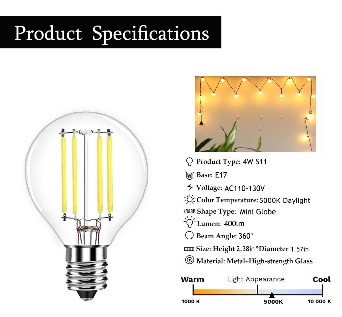 2-Pack E17 S11 Led Light Bulb,E17 Intermediate Base Globe Bulb 4W Daylight 5000K,40 Watt S11 G40 Incandescent Bulb Replacement F