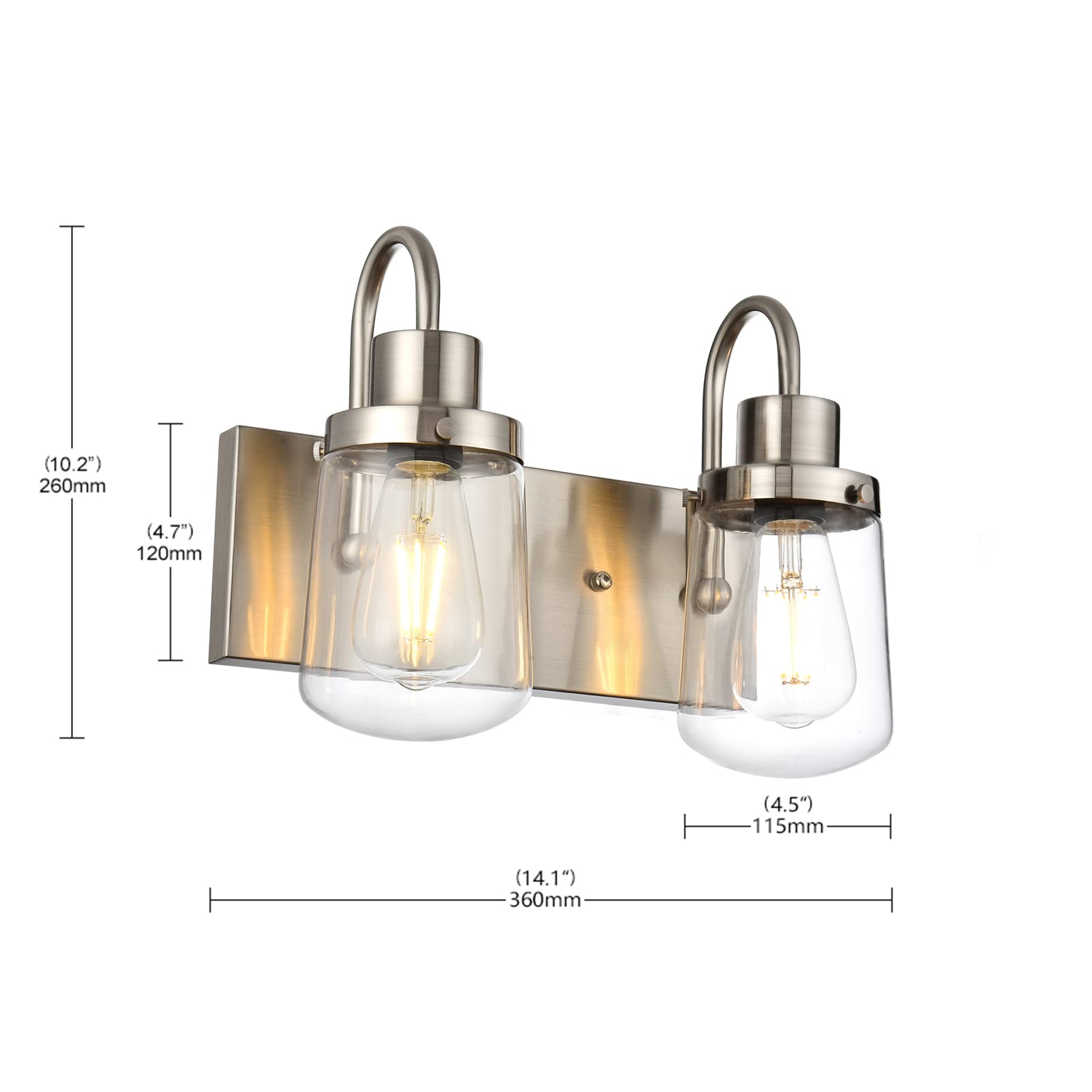Yaohong 3-Light Satin Nickel Bathroom Vanity Wall Light Fixture With Clear Glass Shades