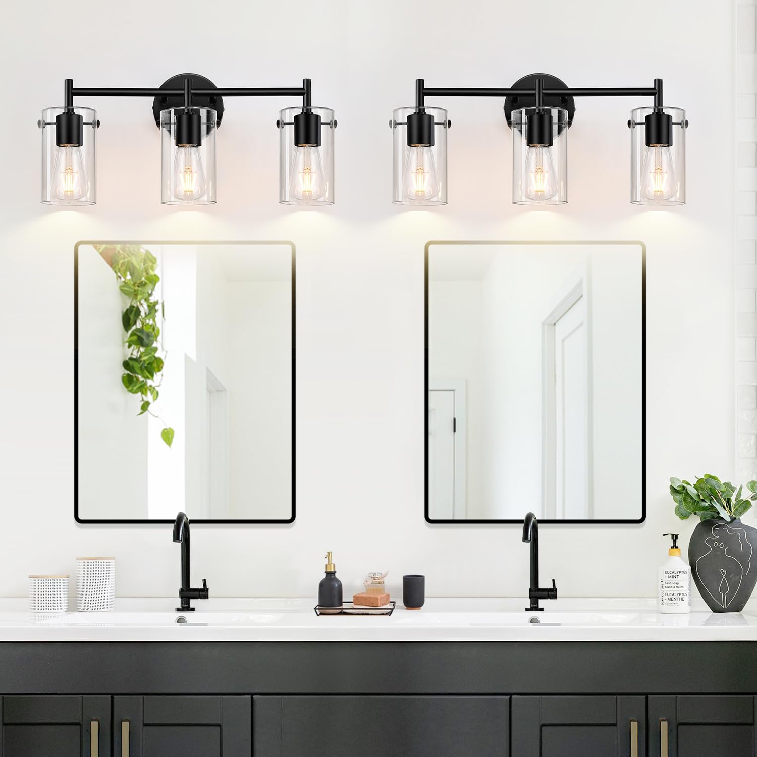 Indoi Bathroom Light Fixtures 2023 Upgrade, 3-Light Matte Black Vanity Light, Black Bathroom Lights Over Mirror With Clear Glass