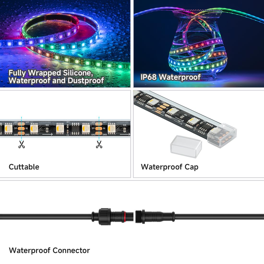 Btf-Lighting Ip68 Waterproof Outdoor Ws2814 Rgbw Ic Led Strip Rgb+Warm White(3000K)Addressable Dream Color 5050Smd Light Dc12V 1