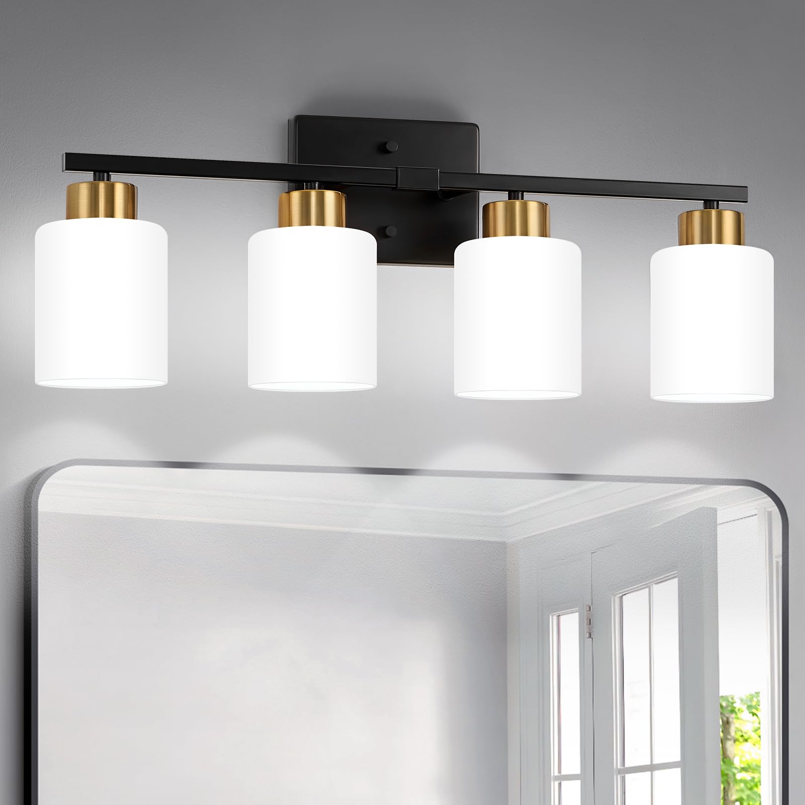 Fonmyim Black And Gold Bathroom Light Fixtures, 4-Light Modern Vanity Light Over Mirror, Wall Sconces With Milky White Frosted G